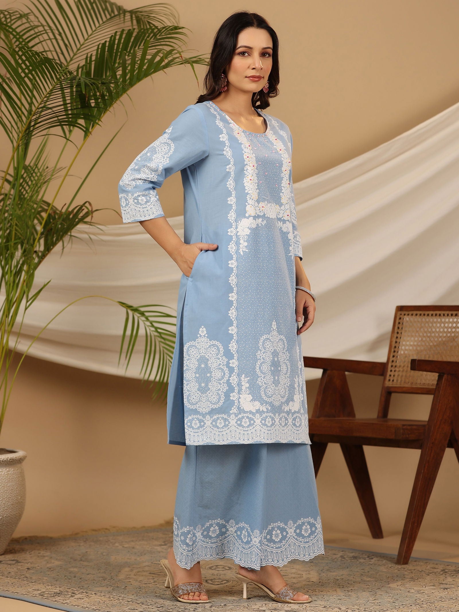 Juniper Blue Ethnic Motif Printed Pure Cotton Kurta Palazzo & Dupatta With Beads & Sequins Work 