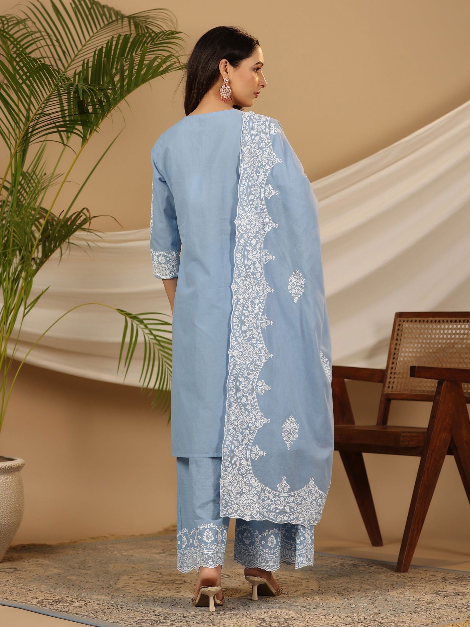 Juniper Blue Ethnic Motif Printed Pure Cotton Kurta Palazzo & Dupatta With Beads & Sequins Work 