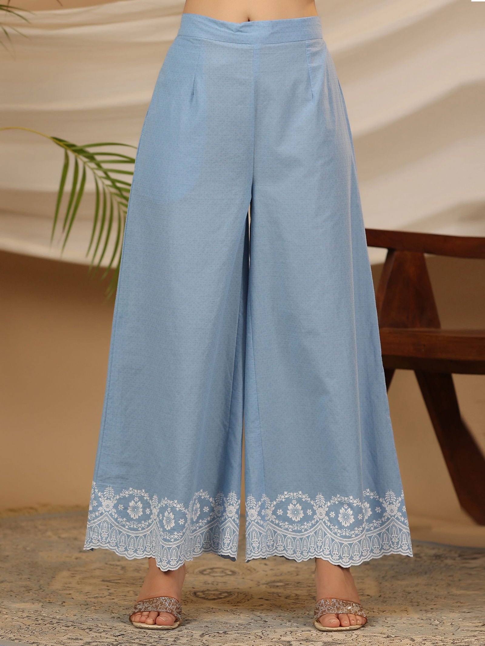 Juniper Blue Ethnic Motif Printed Pure Cotton Kurta Palazzo & Dupatta With Beads & Sequins Work 