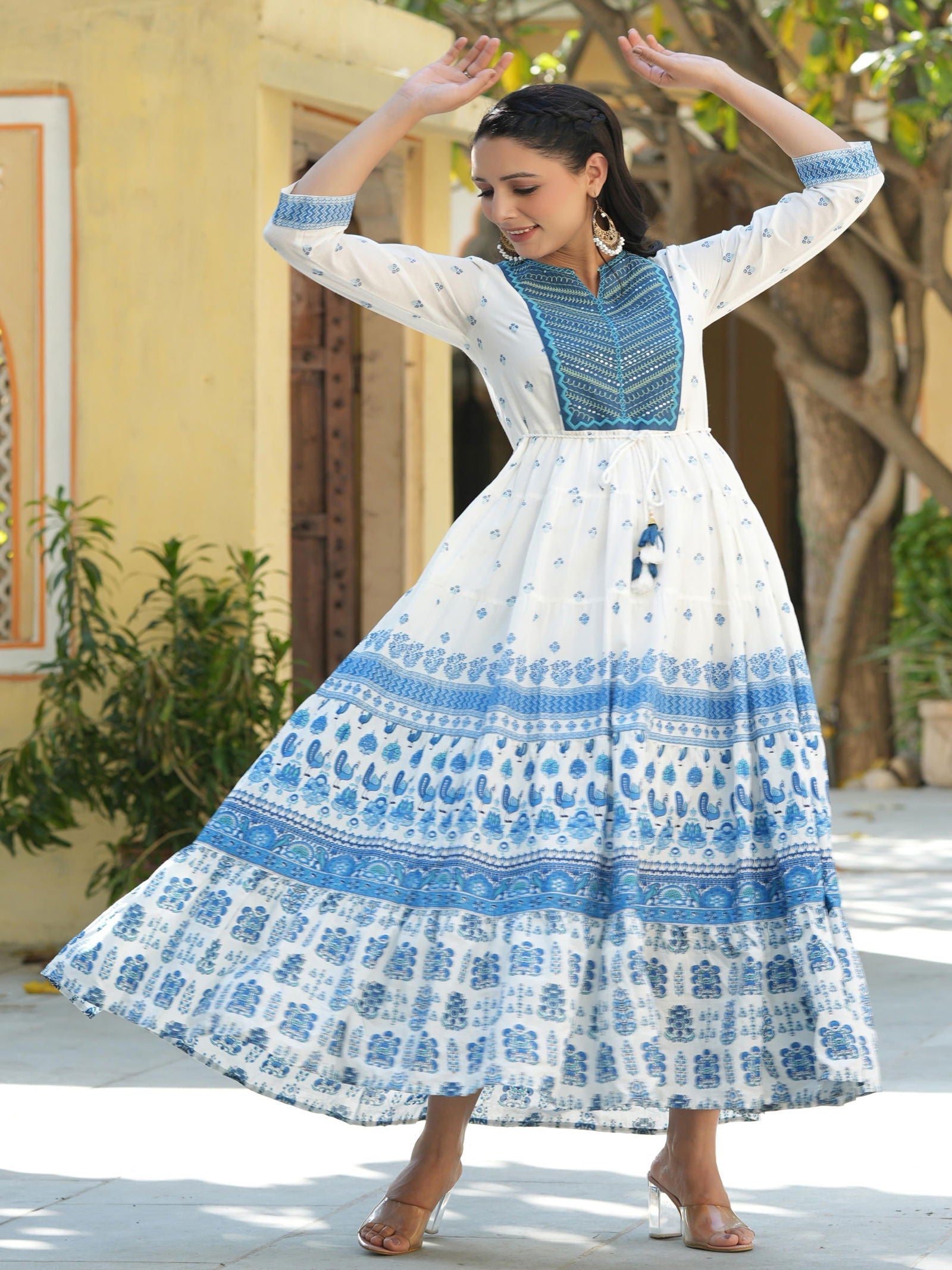 Juniper Blue Ethnic Motif Printed Pure Cotton Tiered Maxi Dress With Sequins & Thread Work Embroidery 