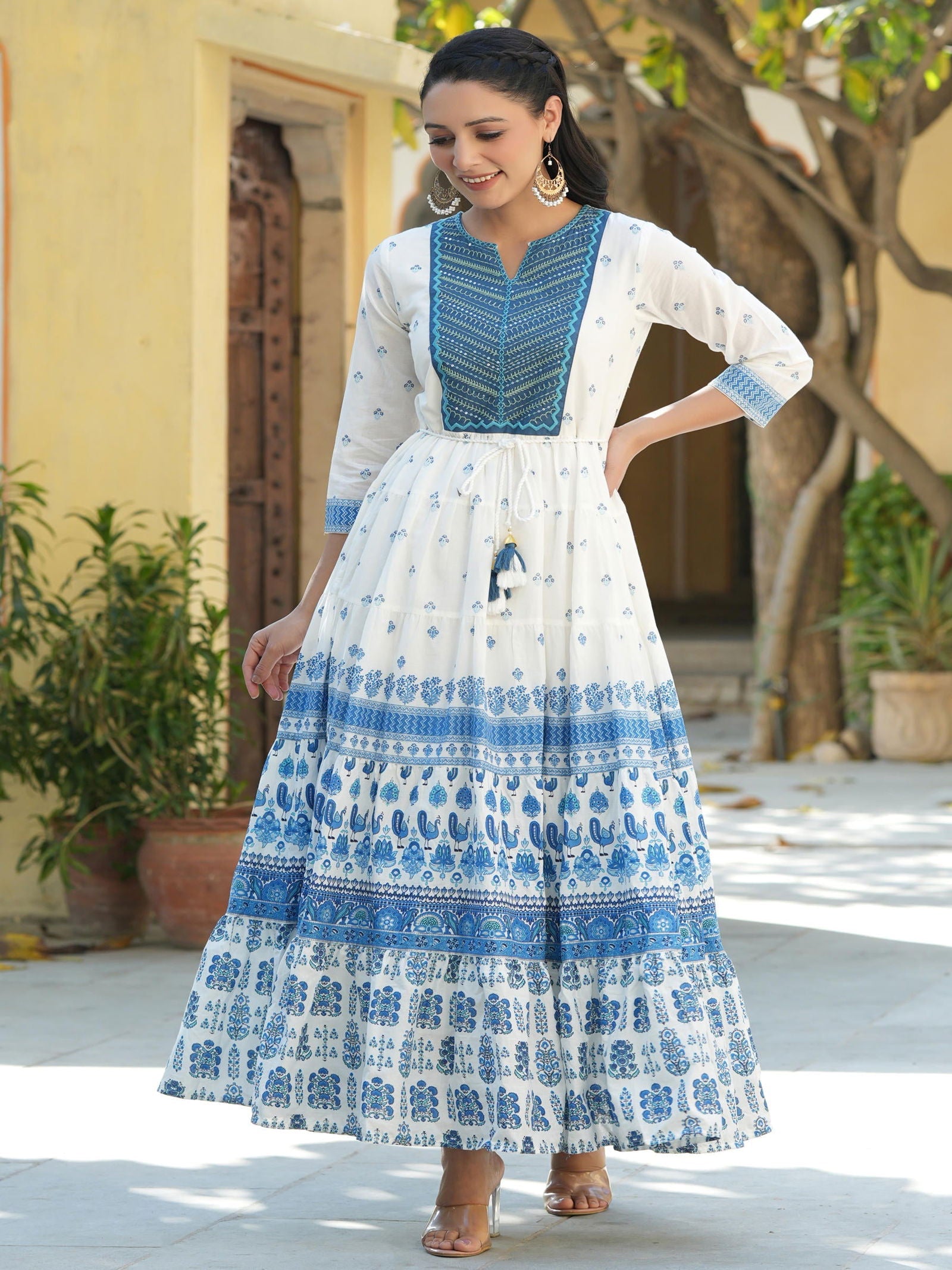 Juniper Blue Ethnic Motif Printed Pure Cotton Tiered Maxi Dress With Sequins & Thread Work Embroidery 