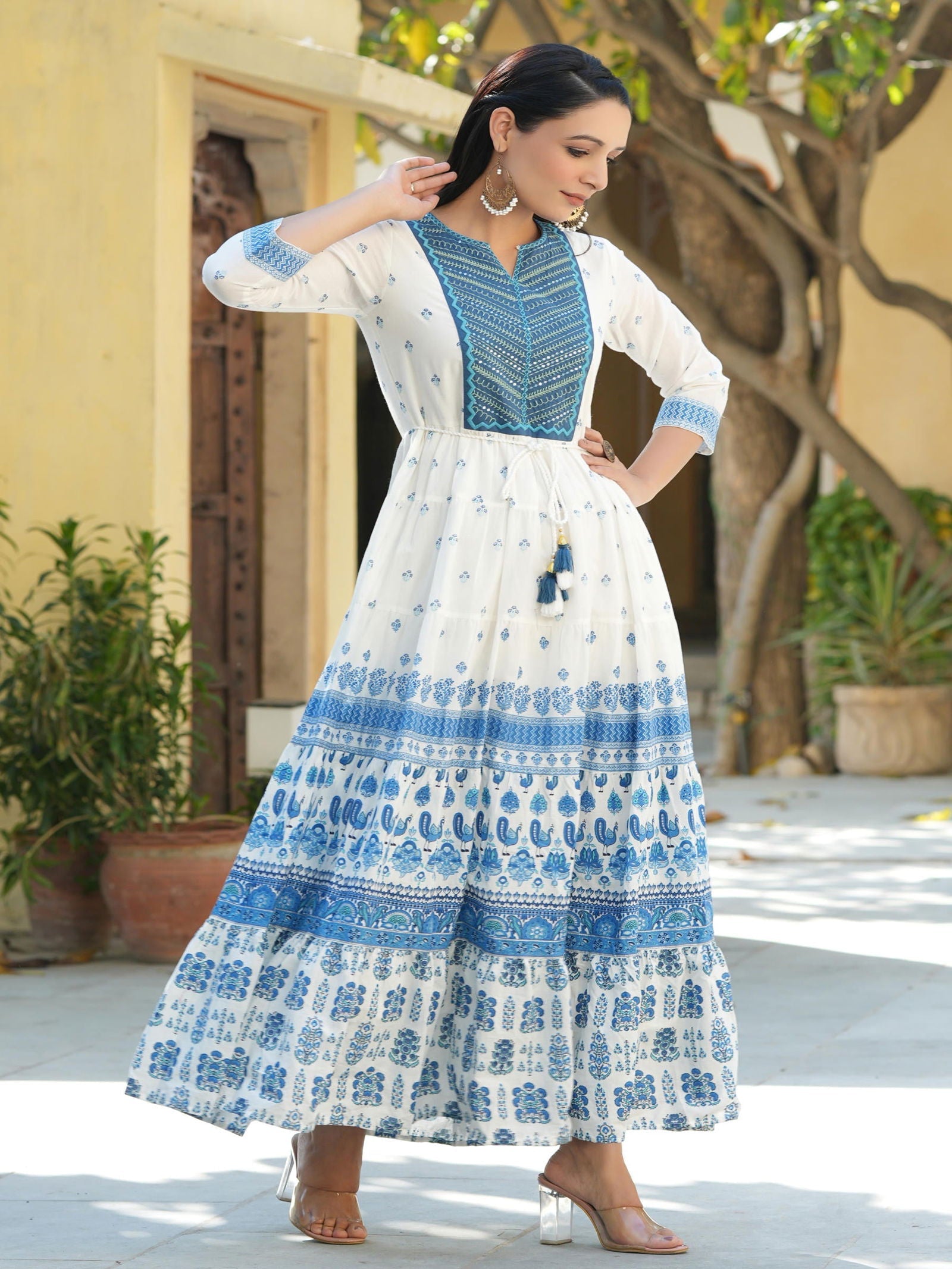 Juniper Blue Ethnic Motif Printed Pure Cotton Tiered Maxi Dress With Sequins & Thread Work Embroidery 