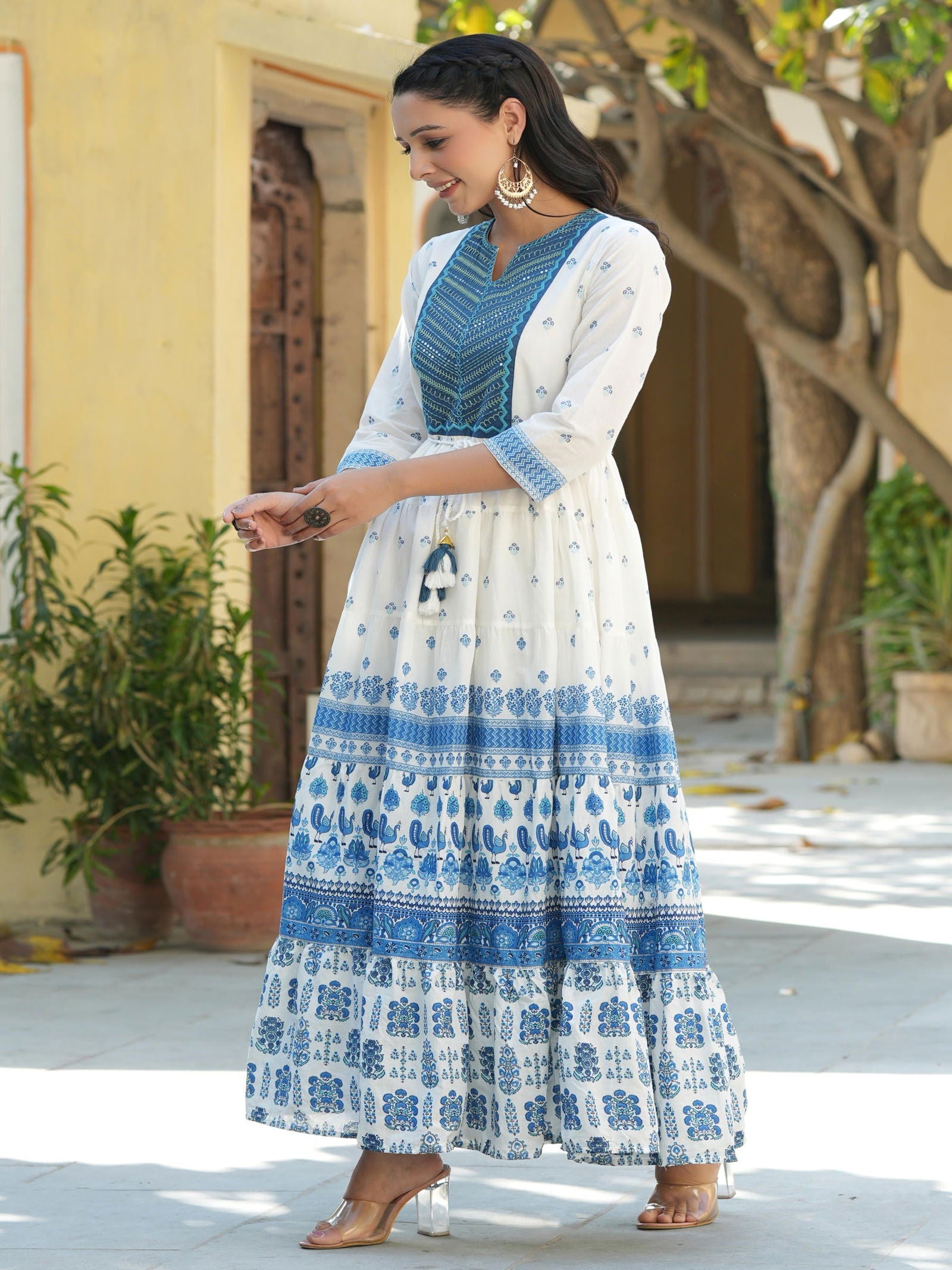 Juniper Blue Ethnic Motif Printed Pure Cotton Tiered Maxi Dress With Sequins & Thread Work Embroidery 