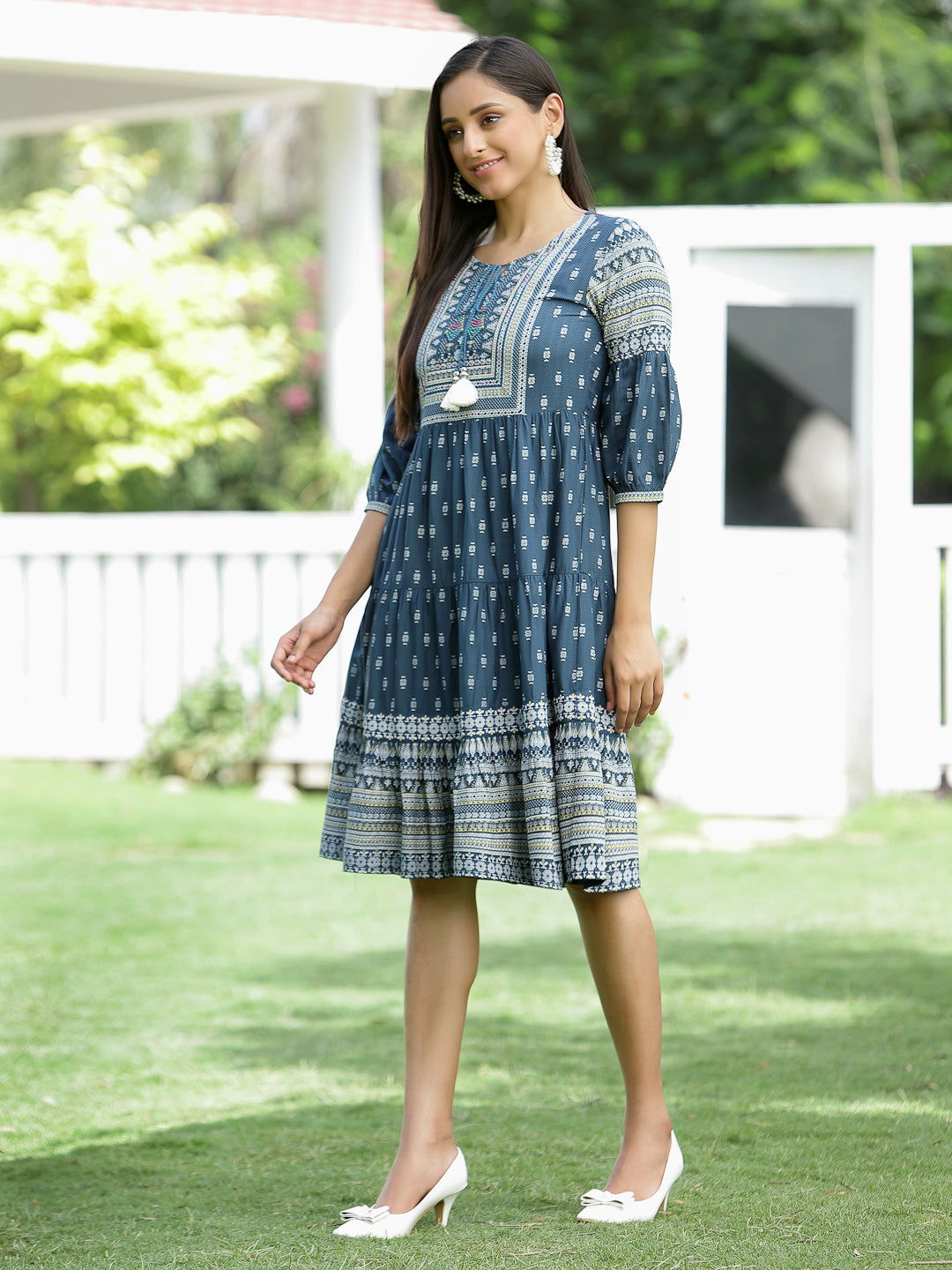 Juniper Blue Ethnic Motif Printed Rayon Short Dress with Tassels Detail 