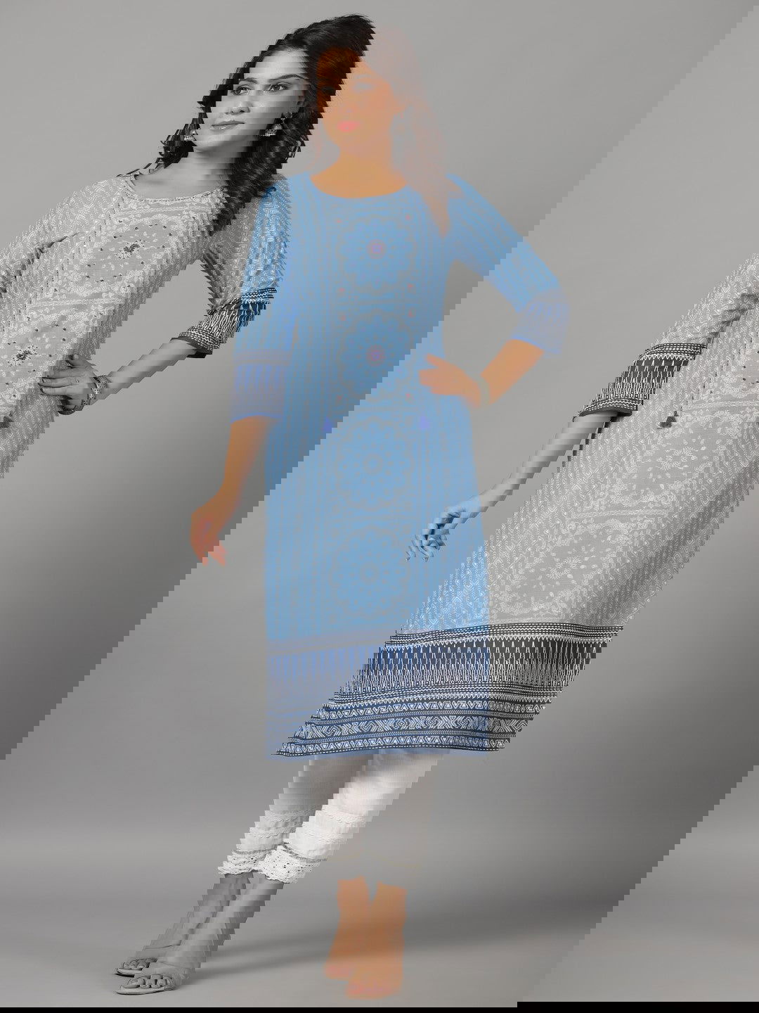 Juniper Blue Ethnic Motif Printed Rayon Slub Kurta With Beads & Sequins 