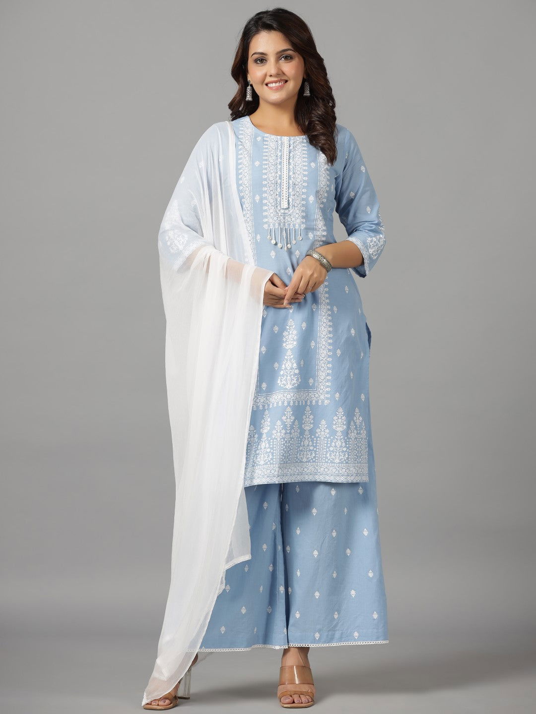 Juniper Blue Ethnic Motif pure Cotton Kurta Palazzos & Chiffon Dupatta Set With Beads & Sequins work 