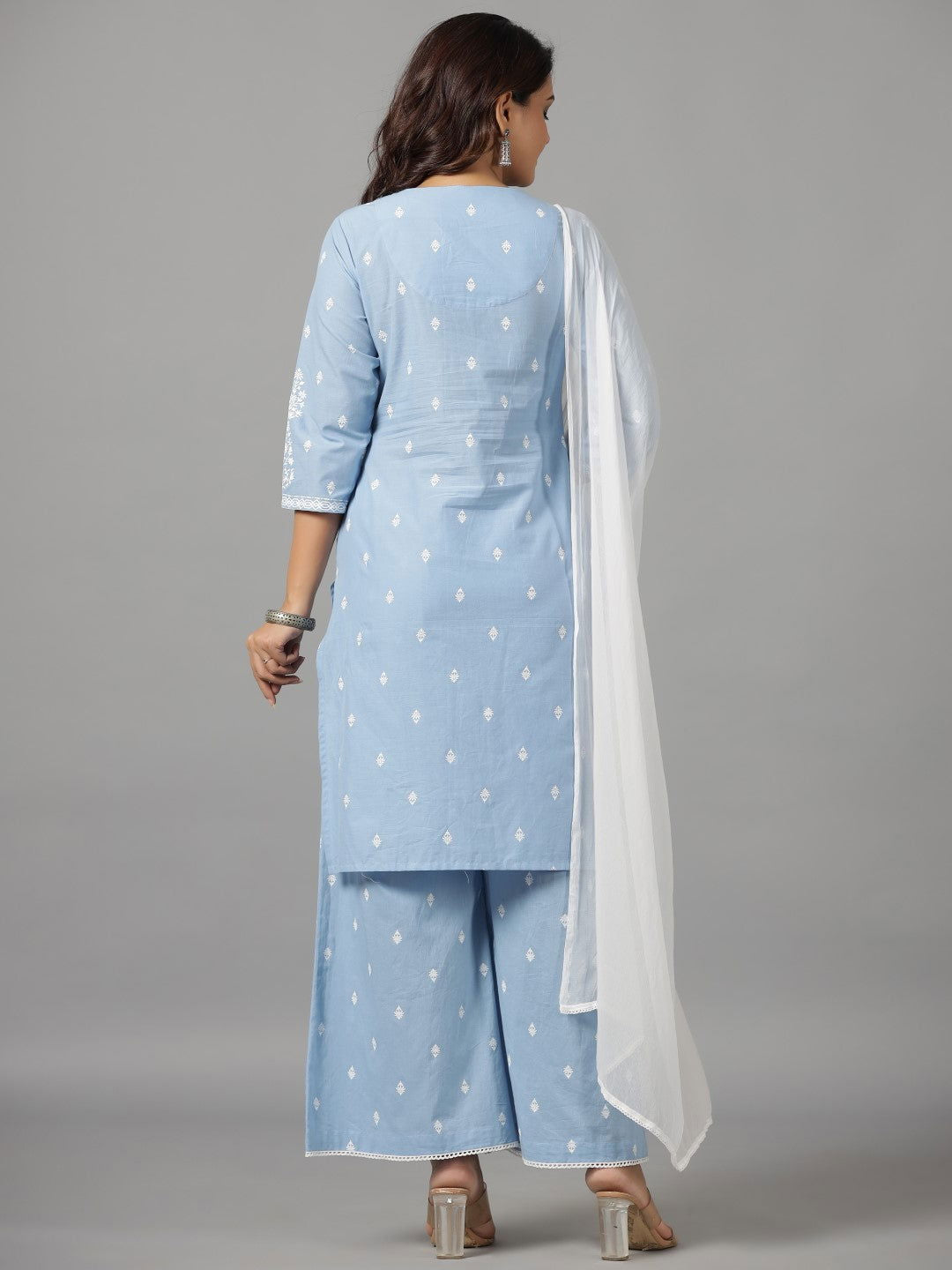 Juniper Blue Ethnic Motif pure Cotton Kurta Palazzos & Chiffon Dupatta Set With Beads & Sequins work 