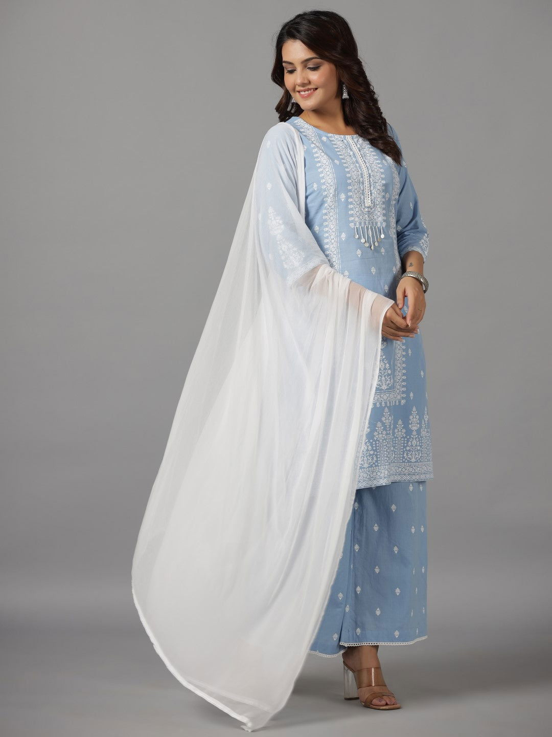 Juniper Blue Ethnic Motif pure Cotton Kurta Palazzos & Chiffon Dupatta Set With Beads & Sequins work 