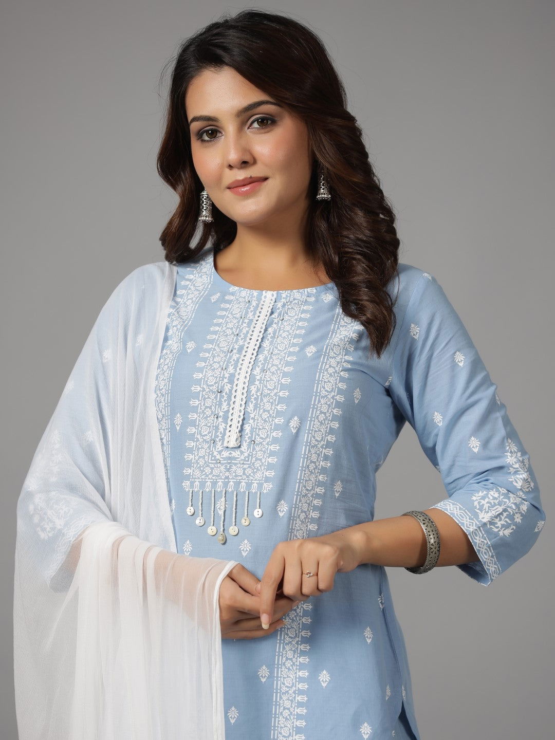 Juniper Blue Ethnic Motif pure Cotton Kurta Palazzos & Chiffon Dupatta Set With Beads & Sequins work 