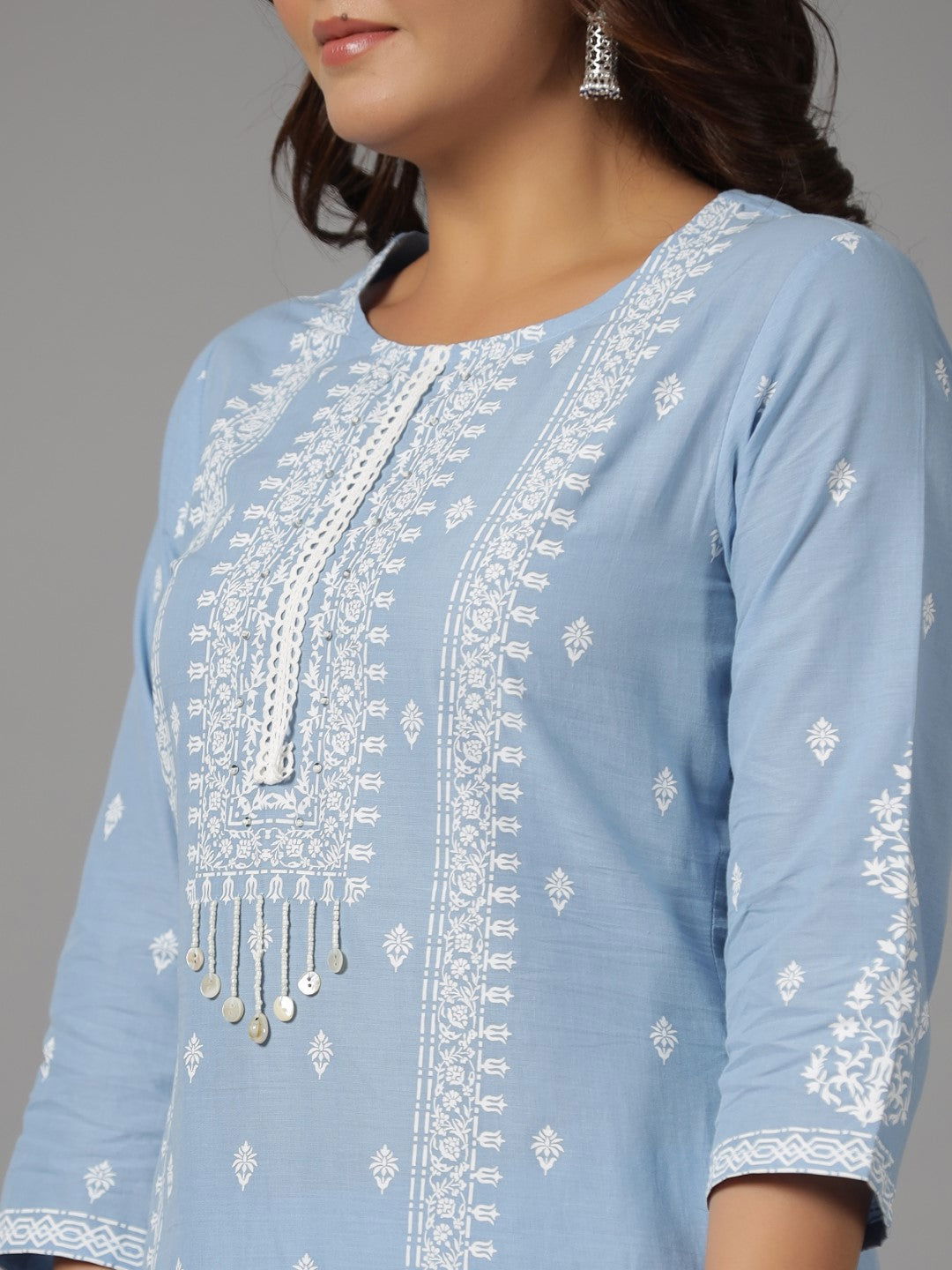 Juniper Blue Ethnic Motif pure Cotton Kurta Palazzos & Chiffon Dupatta Set With Beads & Sequins work 