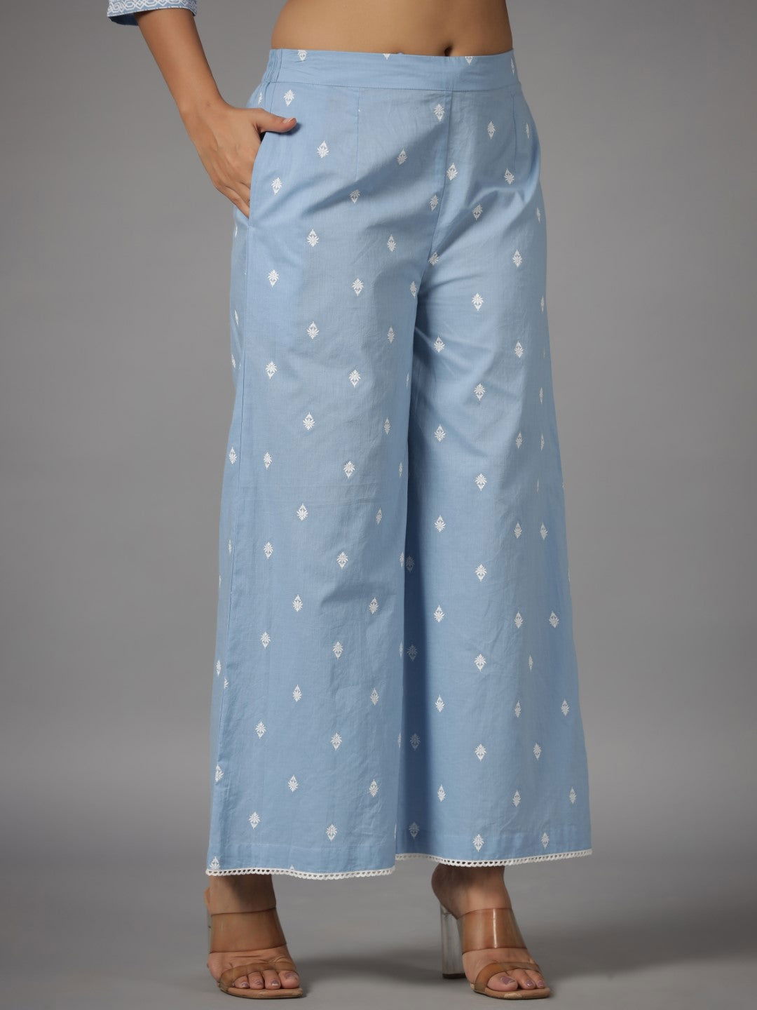 Juniper Blue Ethnic Motif pure Cotton Kurta Palazzos & Chiffon Dupatta Set With Beads & Sequins work 