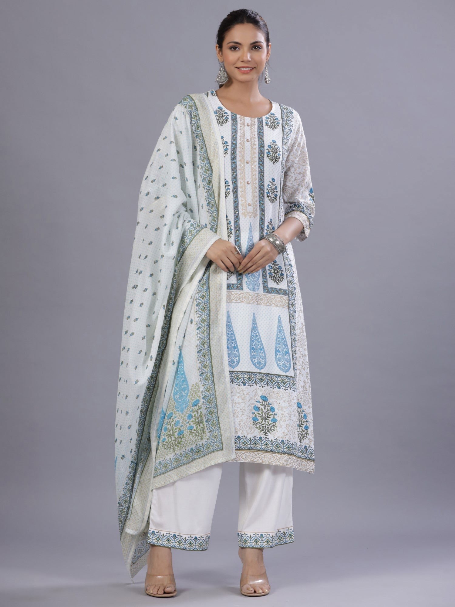 Juniper Blue Ethnic Printed Rayon Kurta Pants and Dupatta Set 