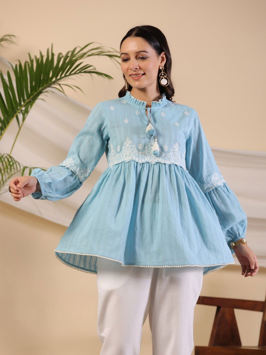 Juniper Blue Ethnic motif Cotton Dobby Tunic with the thread embroidery 