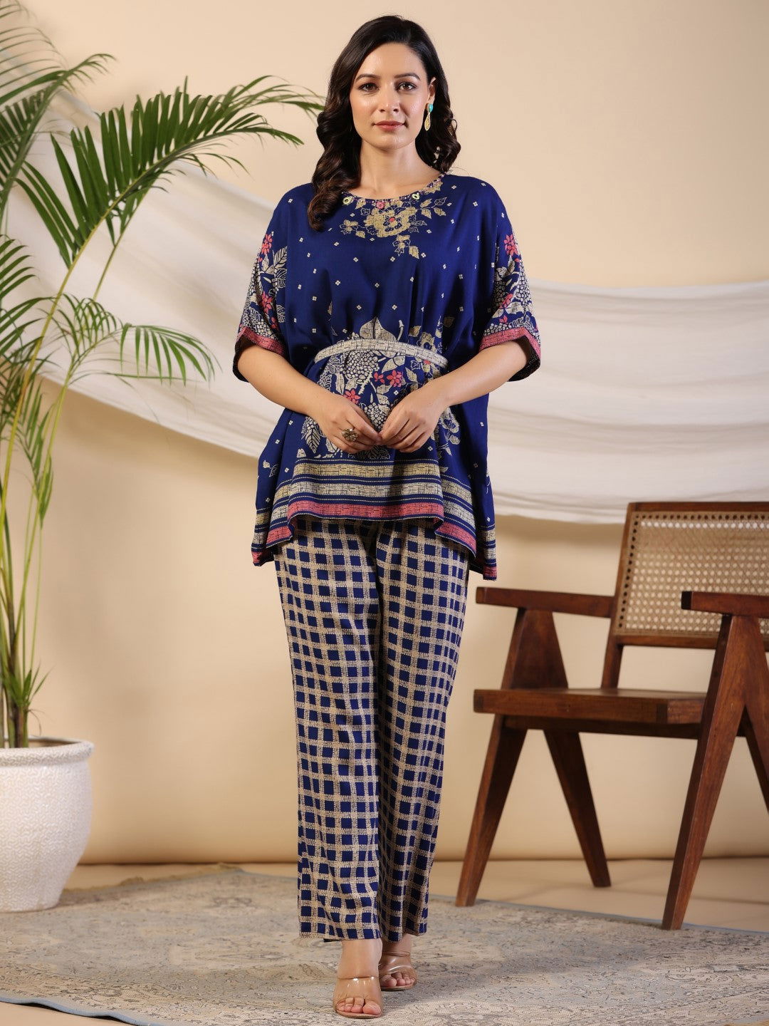 Juniper Blue Floral Print Rayon Kaftan Co-Ord Set With Kantha Work & White Beads At Neckline 