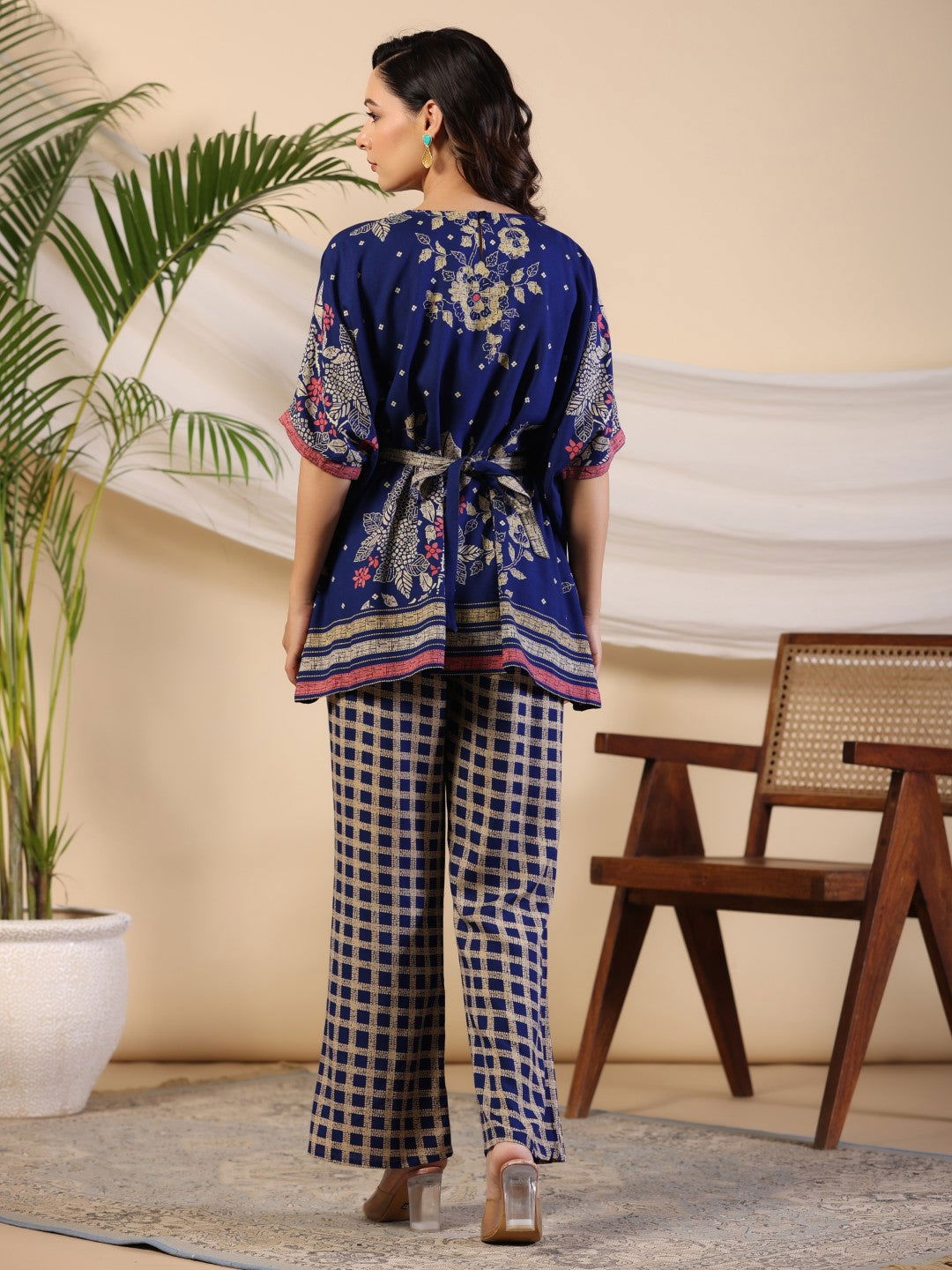 Juniper Blue Floral Print Rayon Kaftan Co-Ord Set With Kantha Work & White Beads At Neckline 