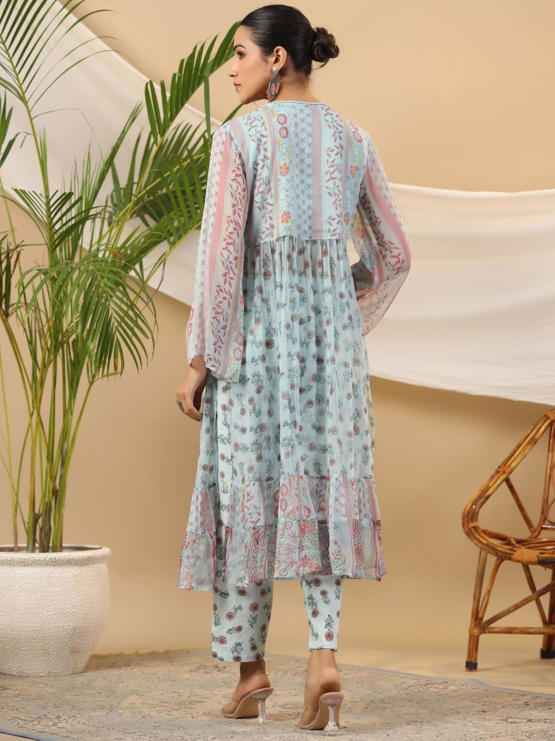 Juniper Blue Floral Printed Alia-Cut Chiffon Kurta & Pant Set With Lace Work 