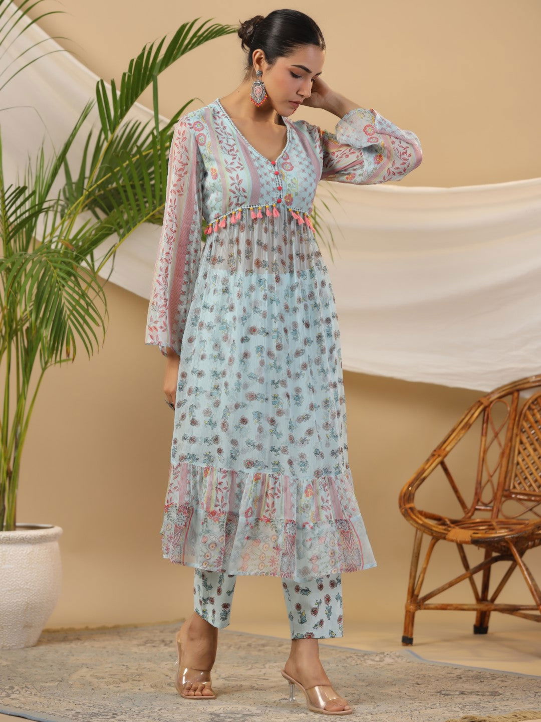 Juniper Blue Floral Printed Alia-Cut Chiffon Kurta & Pant Set With Lace Work 