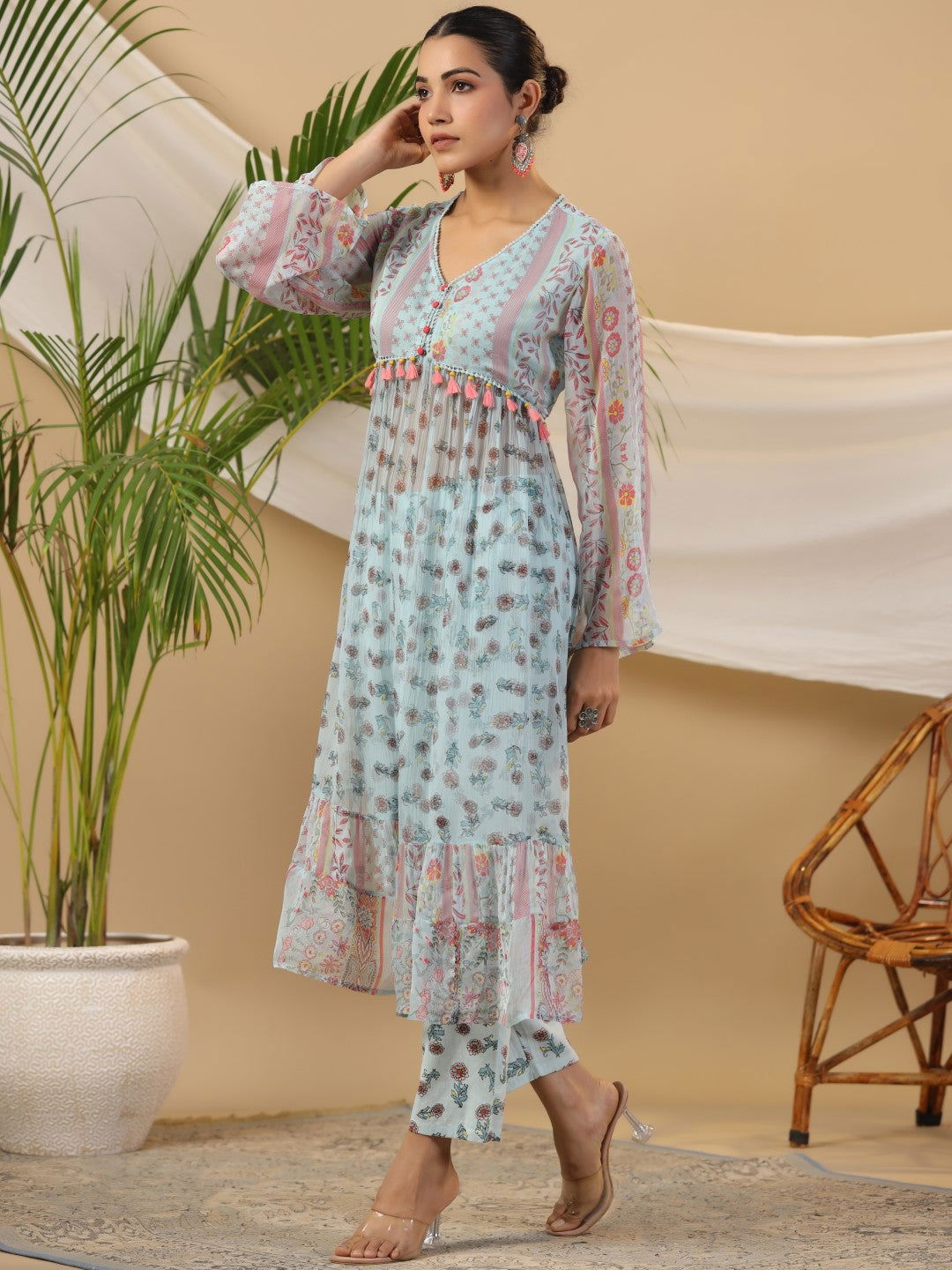 Juniper Blue Floral Printed Alia-Cut Chiffon Kurta & Pant Set With Lace Work 