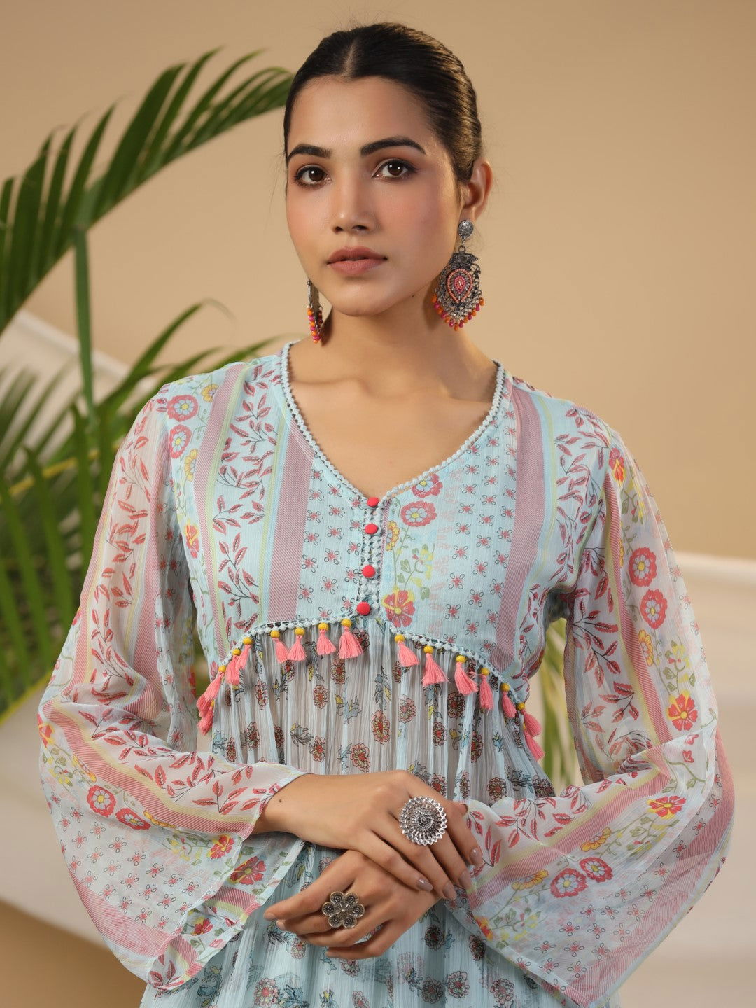 Juniper Blue Floral Printed Alia-Cut Chiffon Kurta & Pant Set With Lace Work 