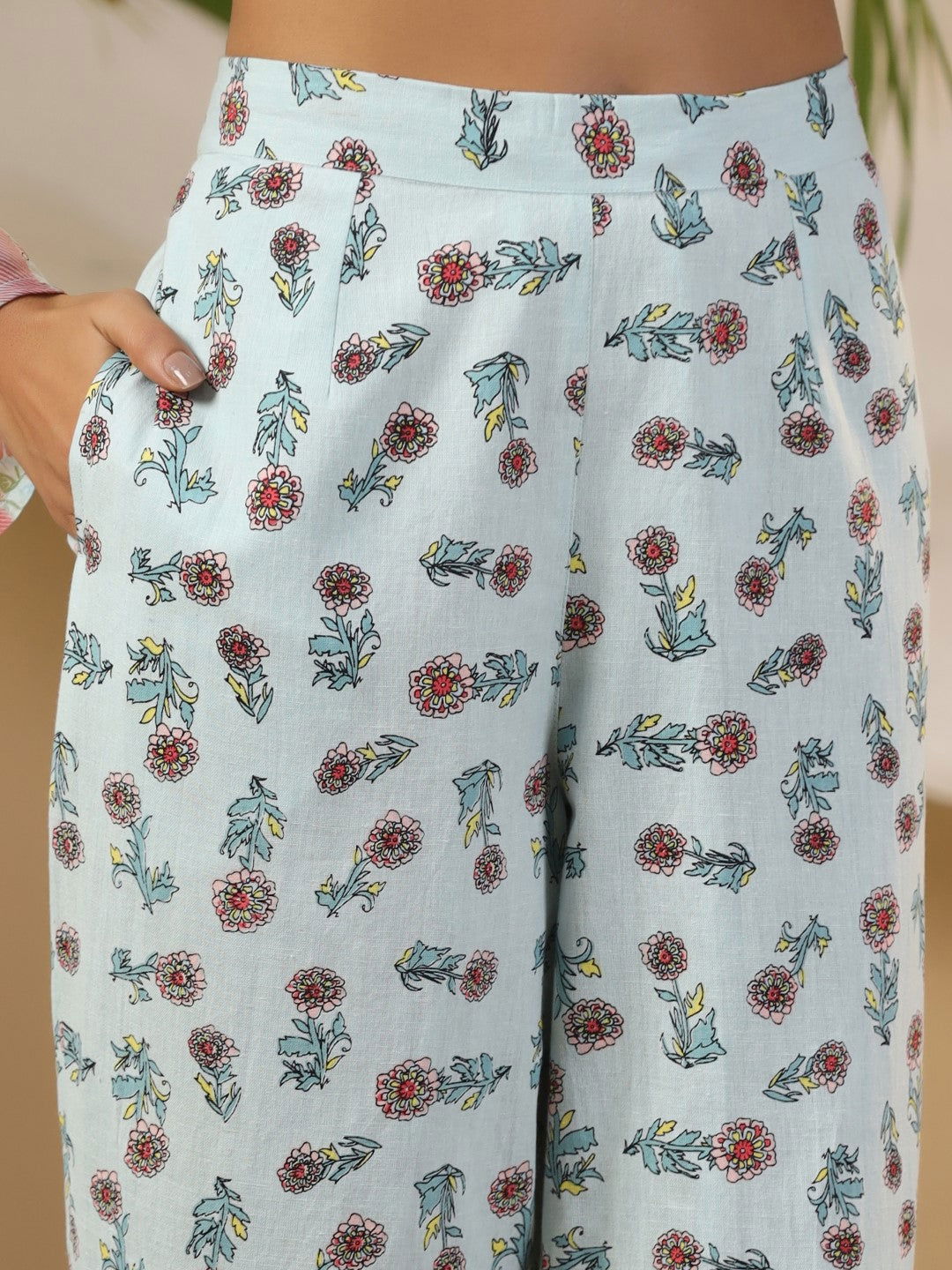 Juniper Blue Floral Printed Alia-Cut Chiffon Kurta & Pant Set With Lace Work 