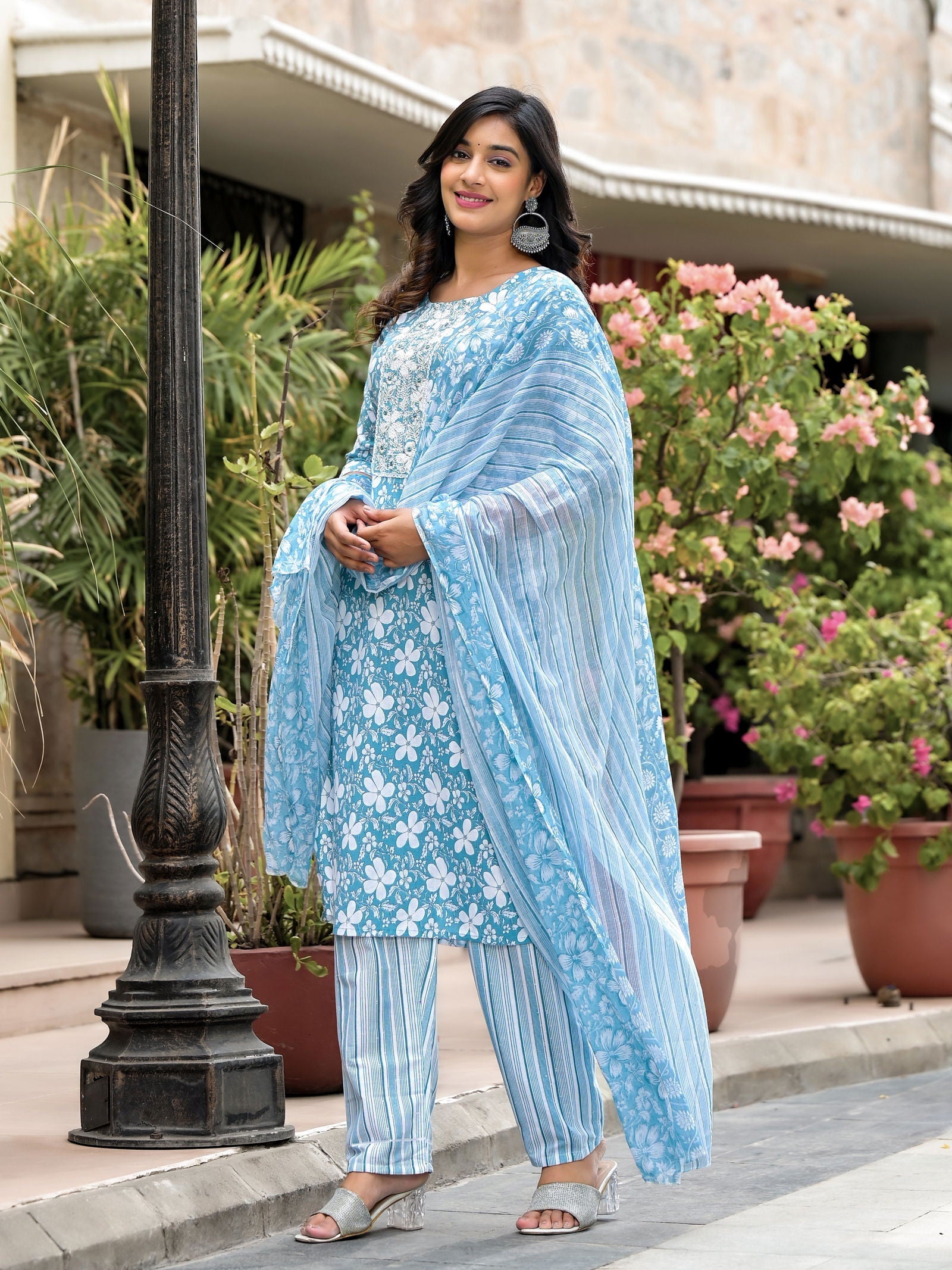 Juniper Blue Floral Printed Cotton Kurta, Pant And Dupatta Set With Thread & Mirror Work 