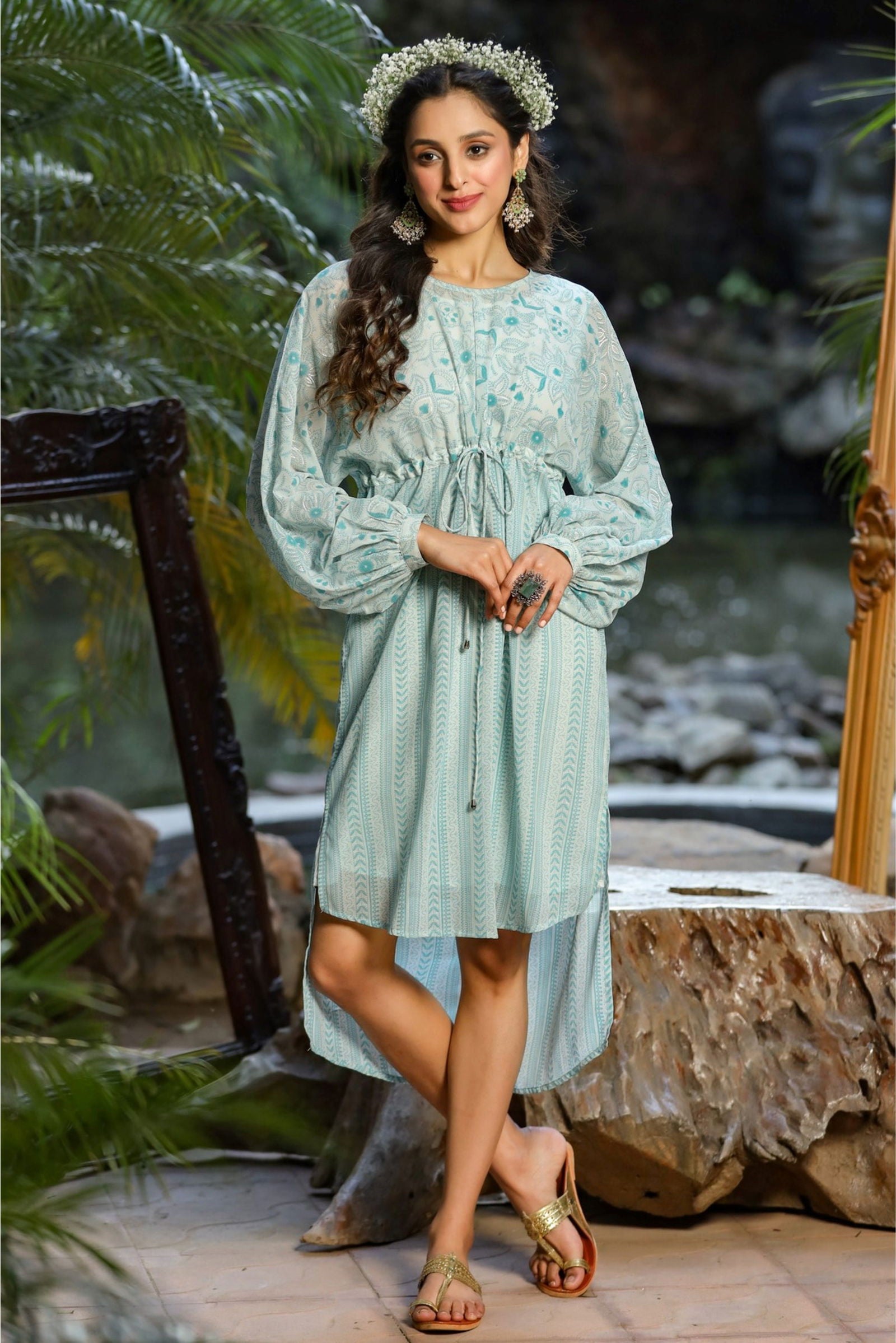 Juniper Blue Floral Printed Georgette High- Low Tunic With Shantoon Inner 