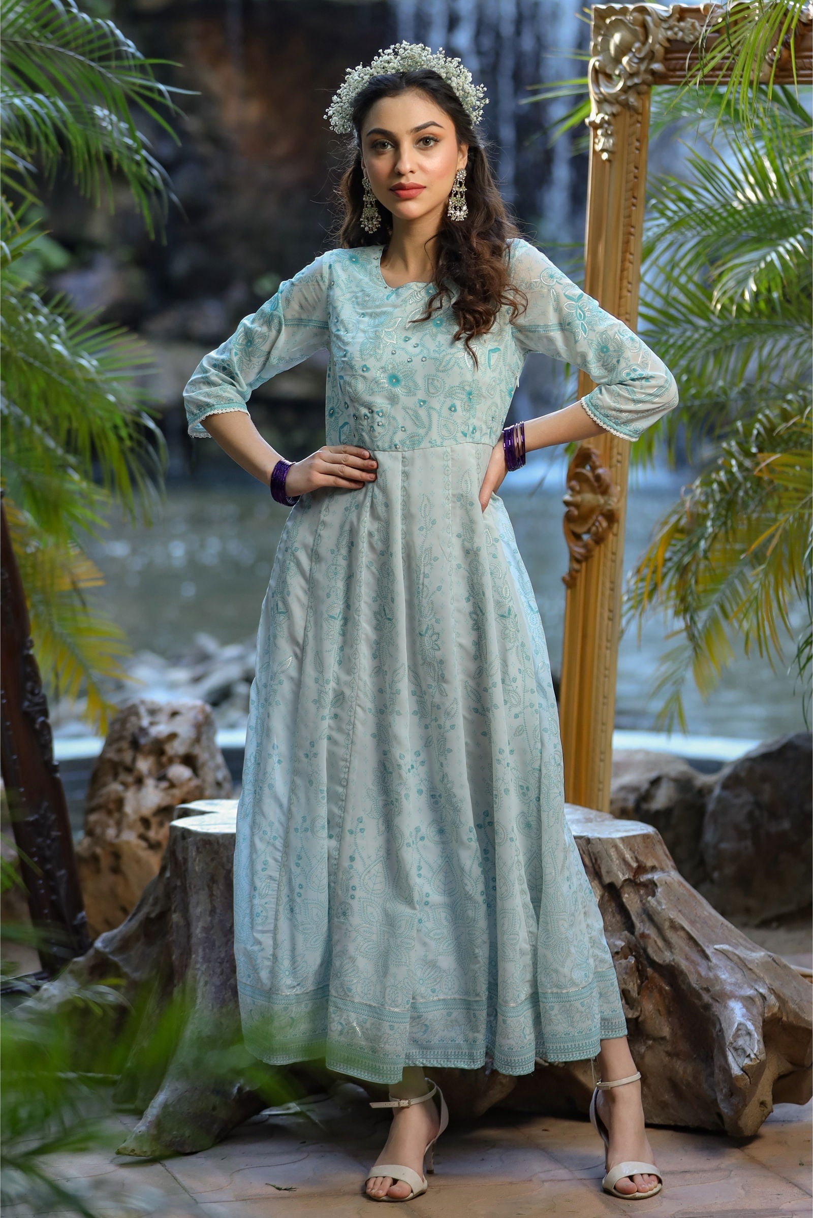 Juniper Blue Floral Printed Georgette Maxi Dress With Beads Kantha Work & Sequins At Neckline 