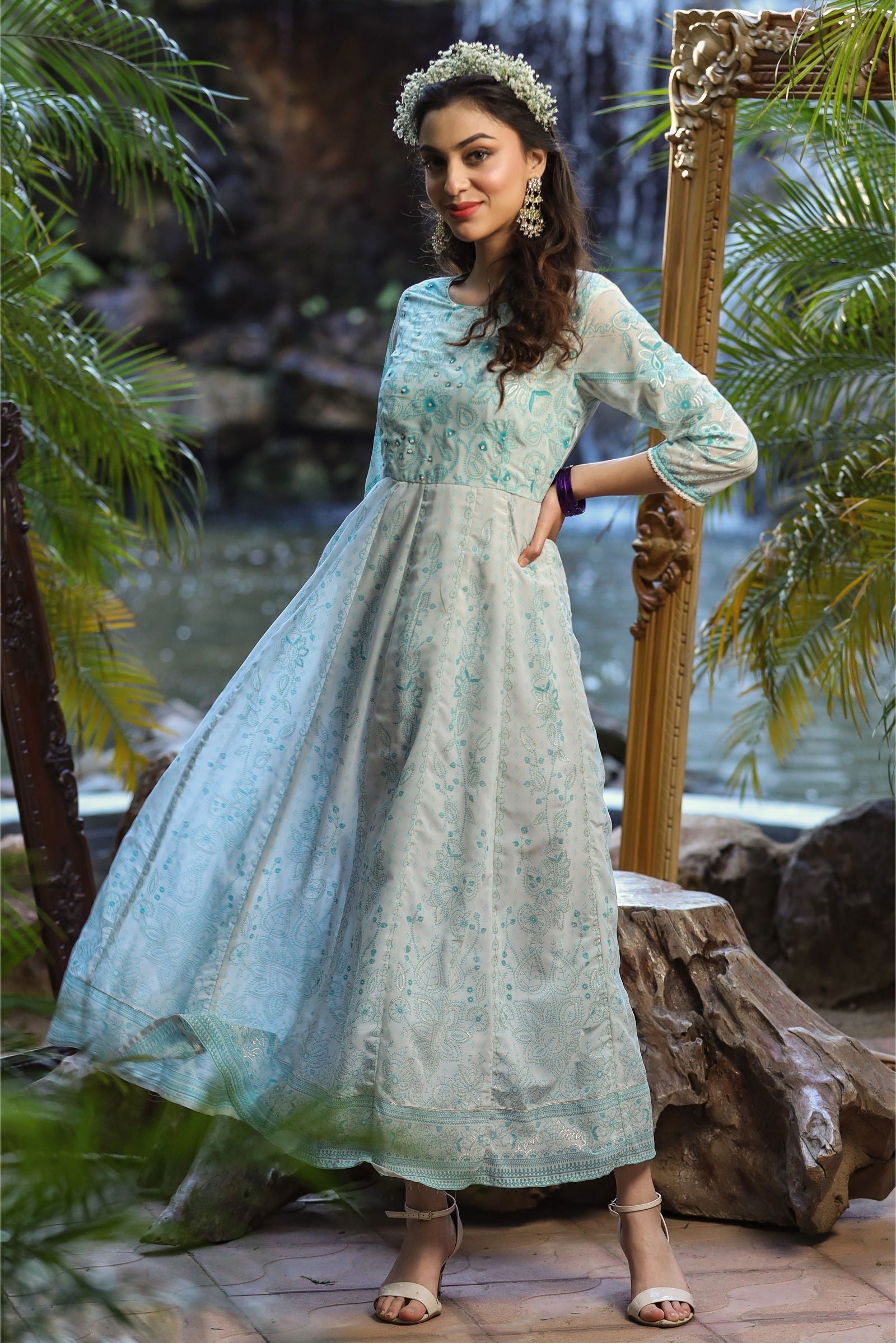 Juniper Blue Floral Printed Georgette Maxi Dress With Beads Kantha Work & Sequins At Neckline 