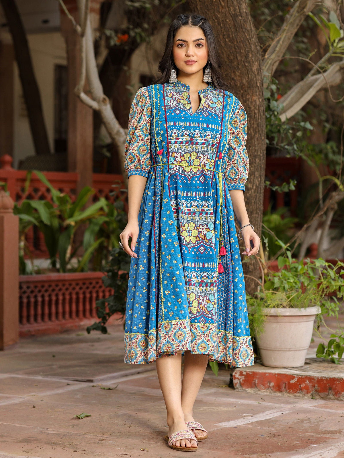 Blue Floral Cotton Dress with Beads Work - Classic Elegance | Juniper Fashion Blue Floral Cotton Dress with Beads Work - Classic Elegance | Juniper Fashion