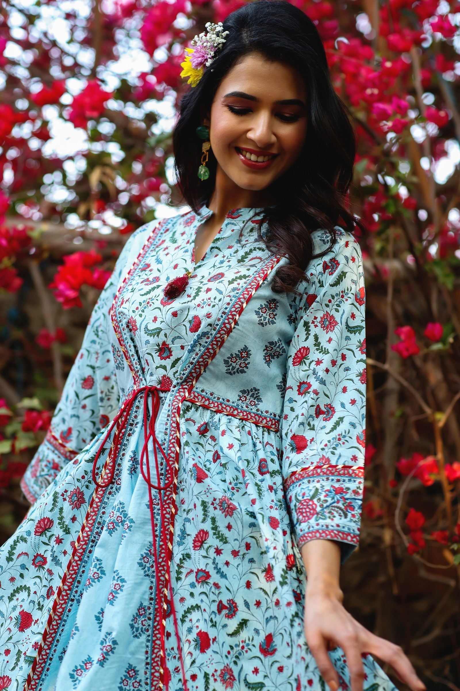 Juniper Blue Floral Printed Pure Cotton Flared Kurta. 