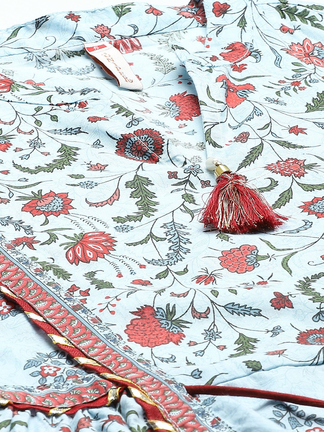 Juniper Blue Floral Printed Pure Cotton Flared Kurta. 