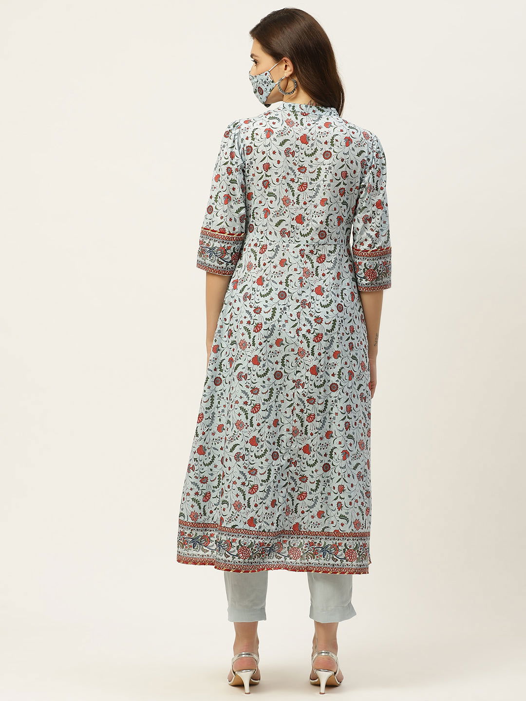 Juniper Blue Floral Printed Pure Cotton Flared Kurta. 