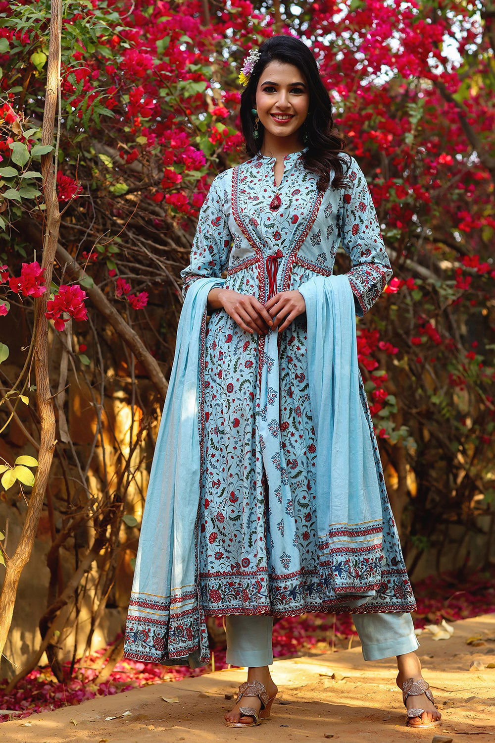 Juniper Blue Floral Printed Pure Cotton Kurta Pants & Dupatta Set With Tassels & Lace 