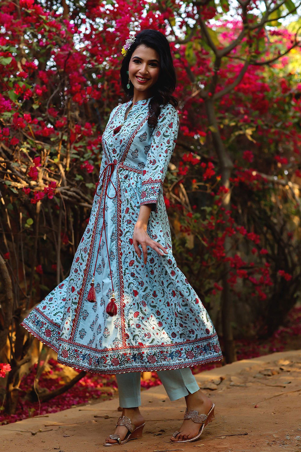 Juniper Blue Floral Printed Pure Cotton Kurta Pants & Dupatta Set With Tassels & Lace 