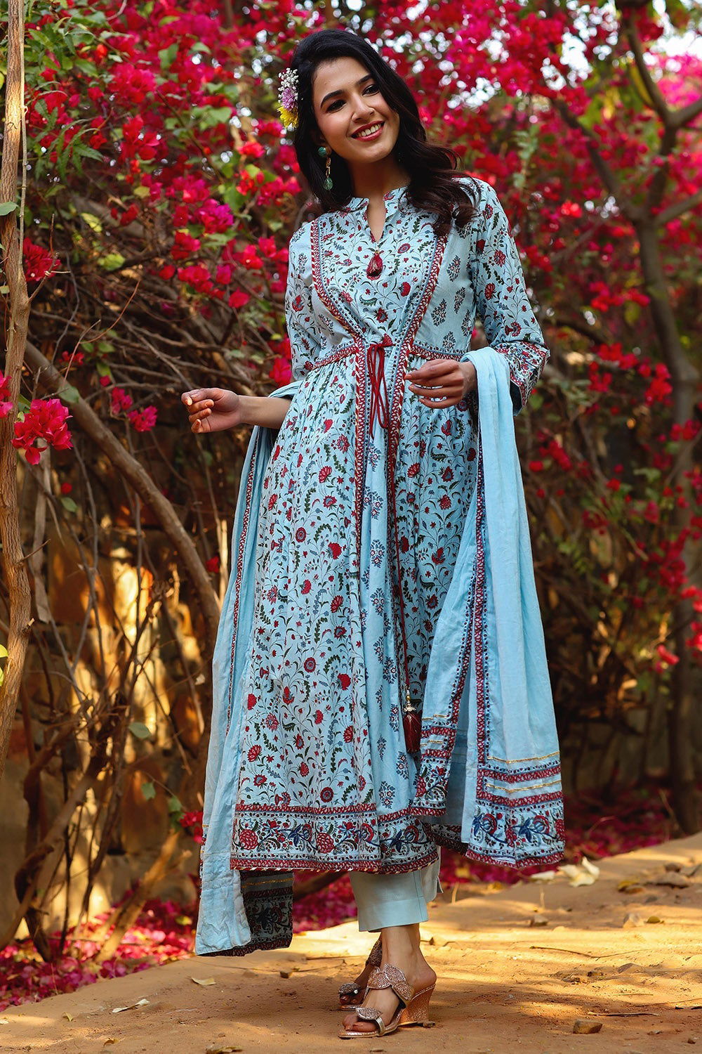 Juniper Blue Floral Printed Pure Cotton Kurta Pants & Dupatta Set With Tassels & Lace 