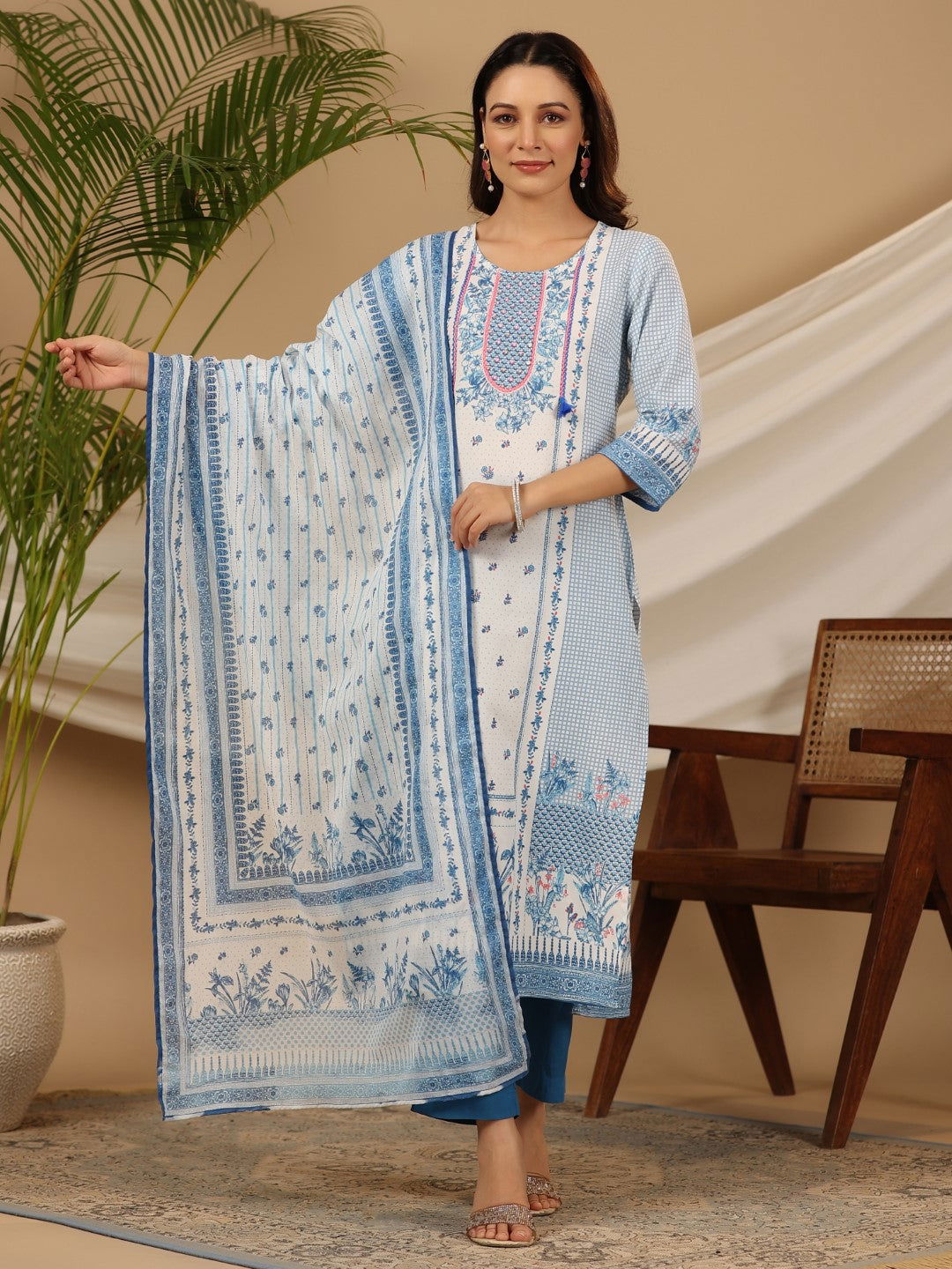 Juniper Blue Floral Printed Rayon Kurta Pant & Dupatta Set With Beads & Sequins 