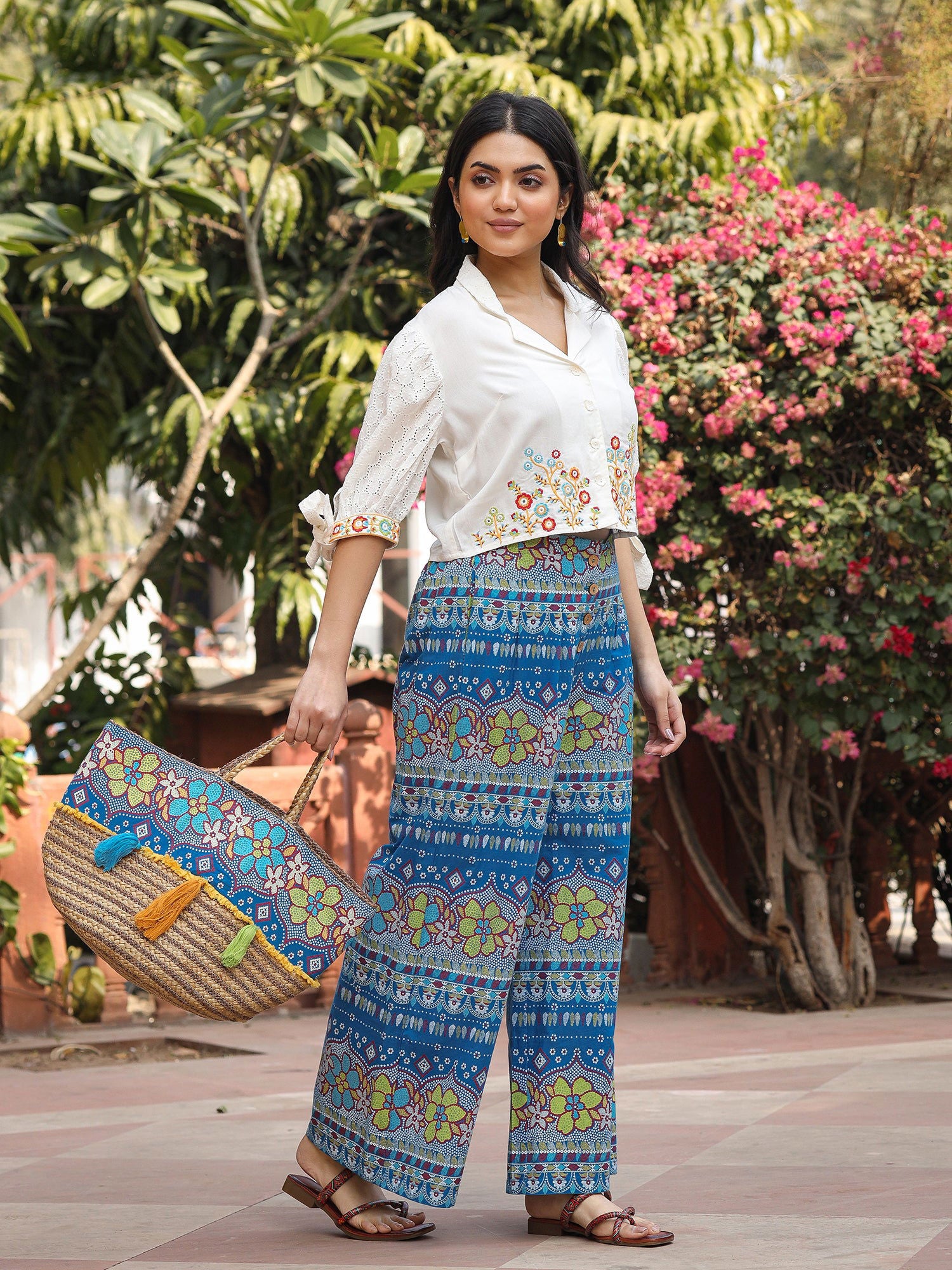Juniper Blue Floral Printed Rayon Schiffli Top & Pants Set With Thread Work 