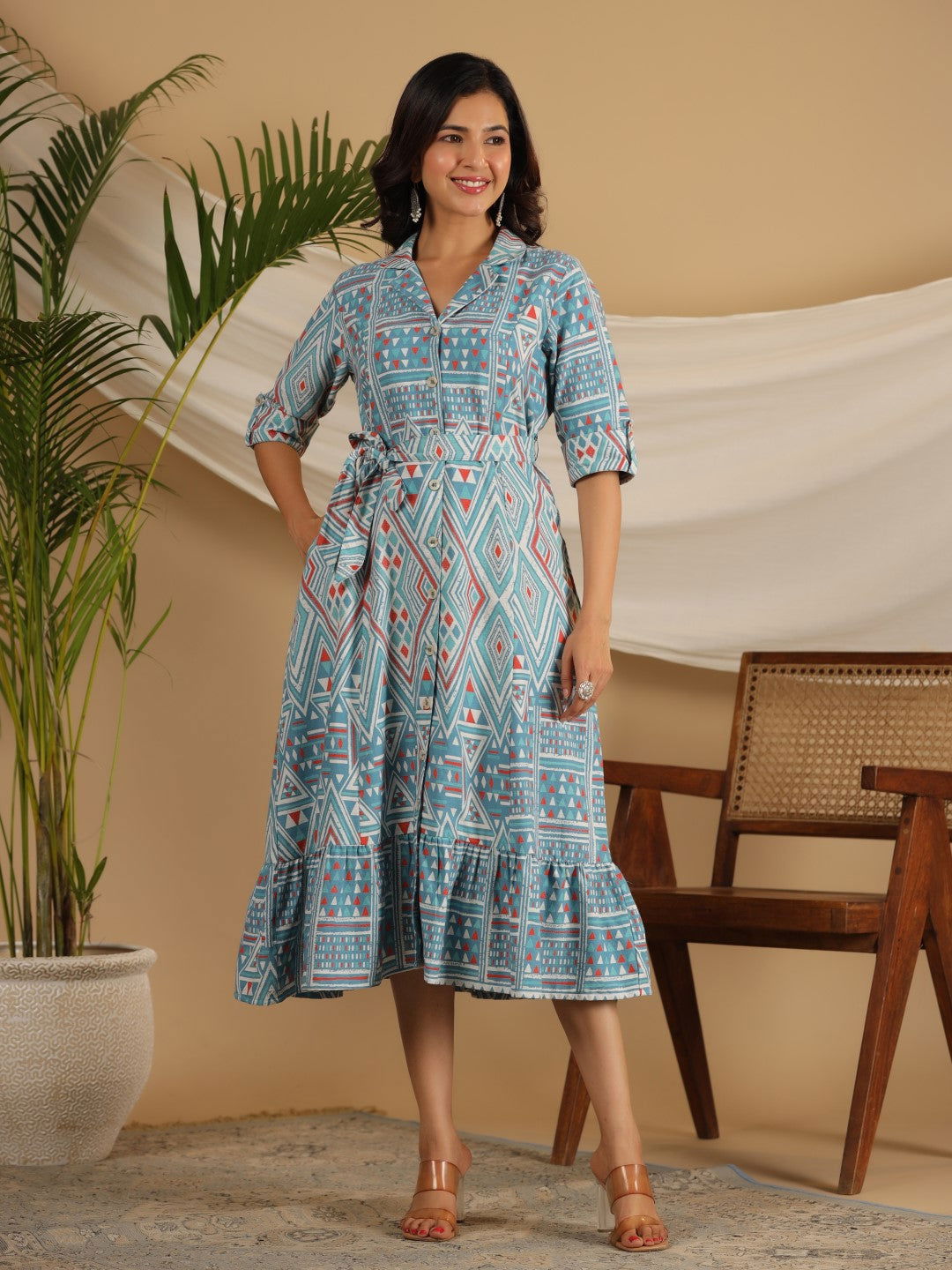 Juniper Blue Geometric Printed Cotton Flex Shirt Style Dress 