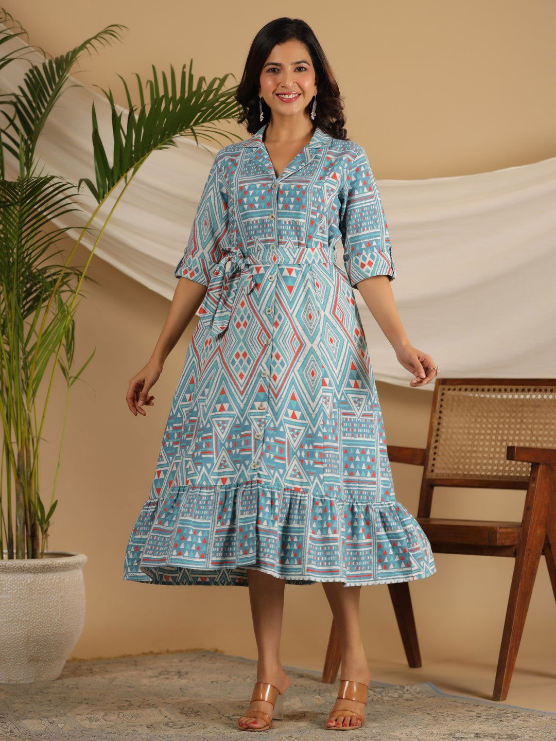 Juniper Blue Geometric Printed Cotton Flex Shirt Style Dress 
