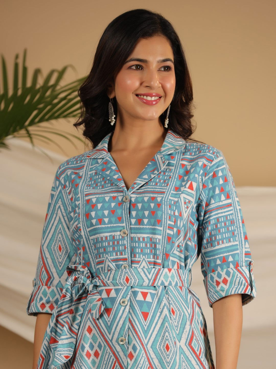 Juniper Blue Geometric Printed Cotton Flex Shirt Style Dress 