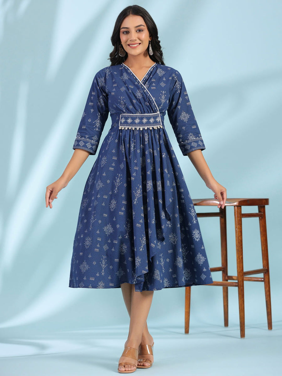 Blue Geometric Cotton Midi Dress with Lace Trendy Comfortable