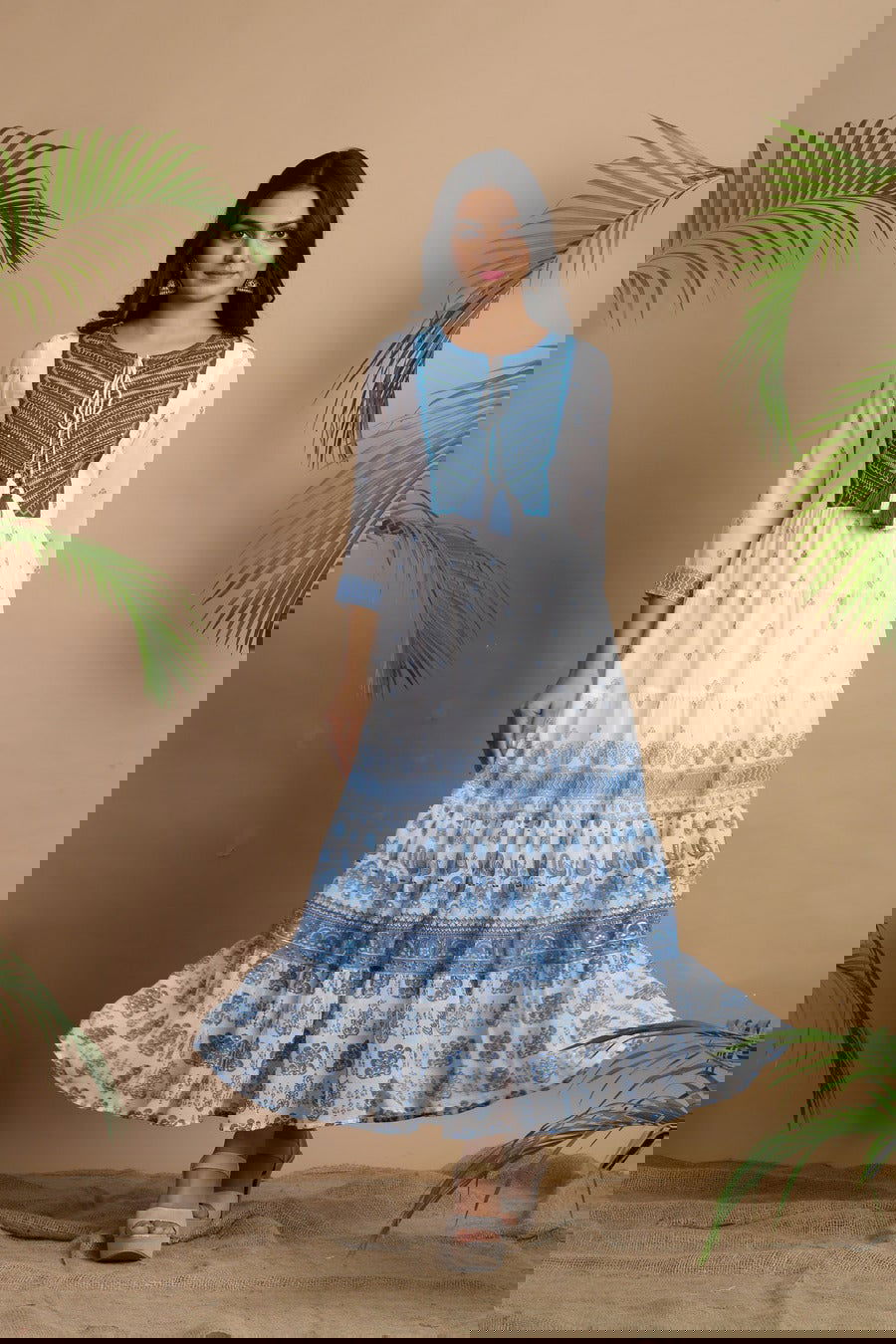 Juniper Blue Georgette Embroidered Tiered Dress 