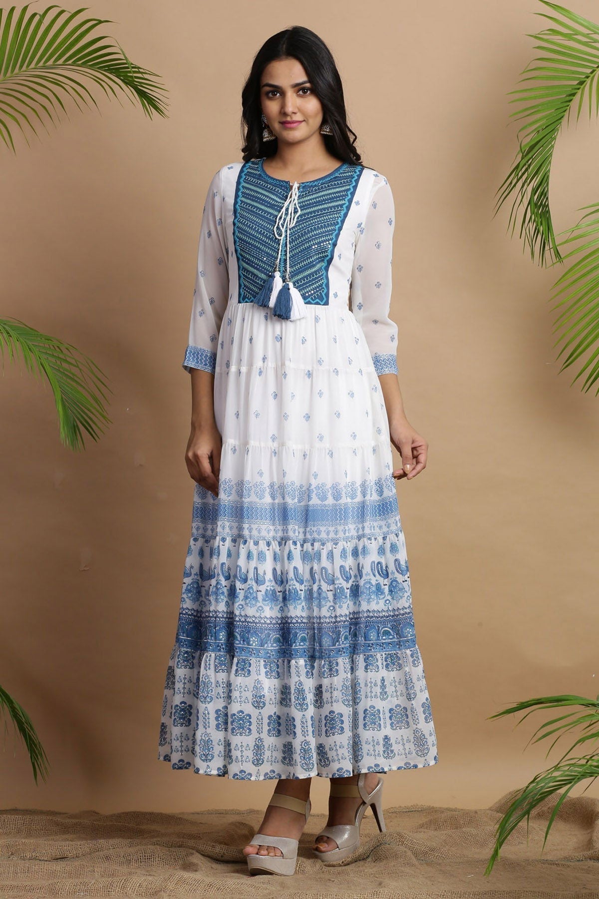 Juniper Blue Georgette Embroidered Tiered Dress 