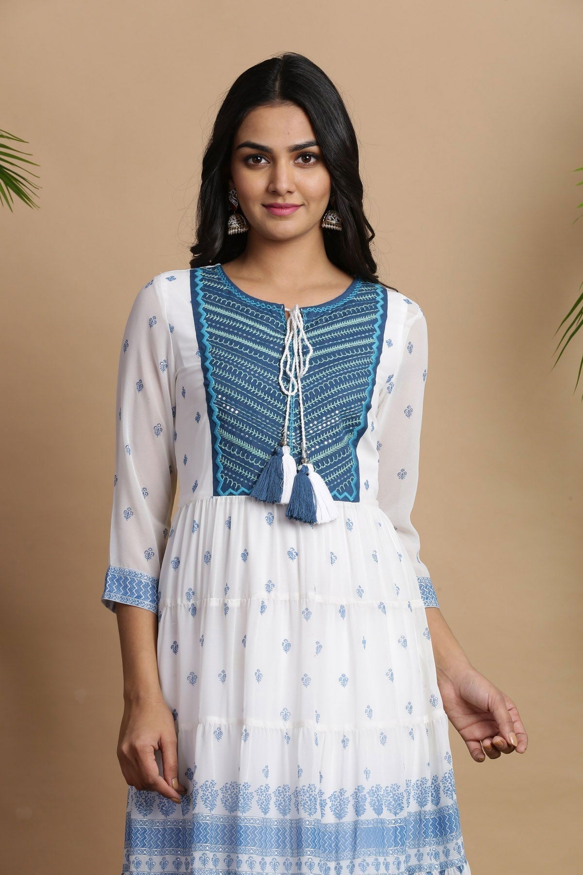 Juniper Blue Georgette Embroidered Tiered Dress 