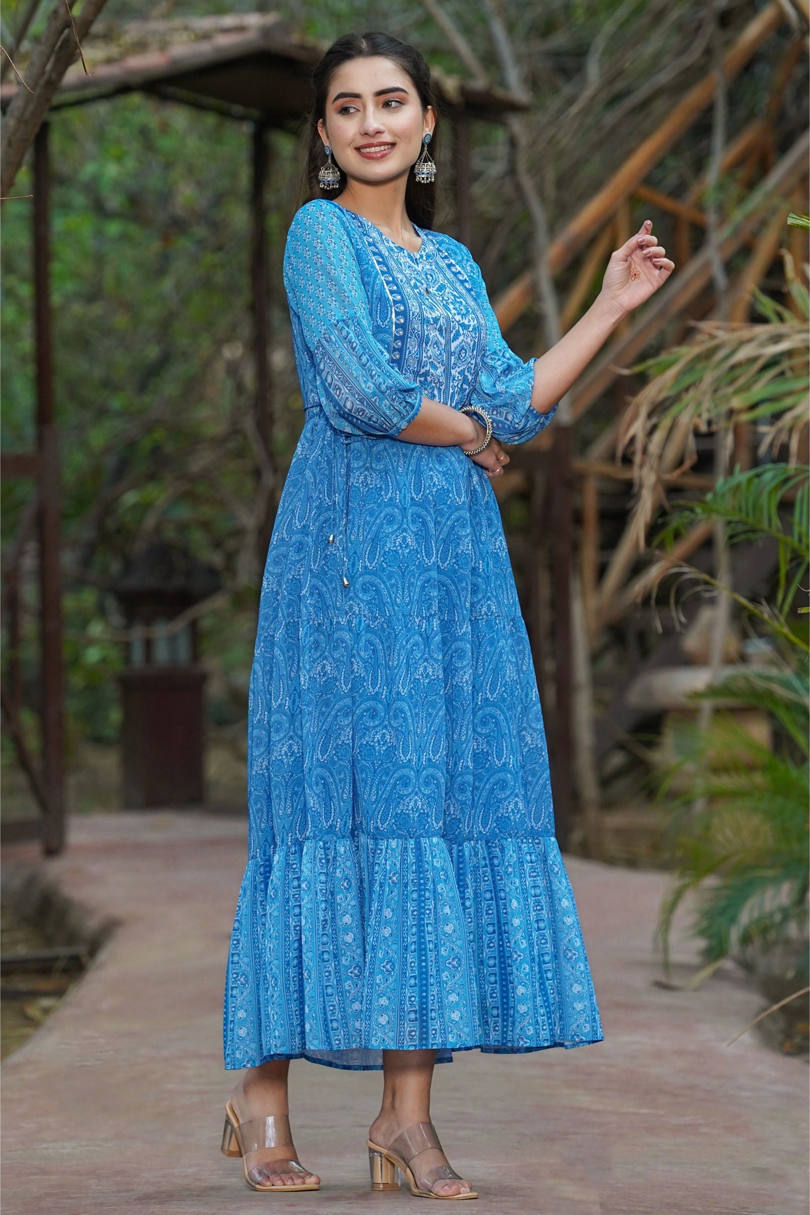 Juniper Blue Paisley Printed Georgette Tiered Maxi Dress. 