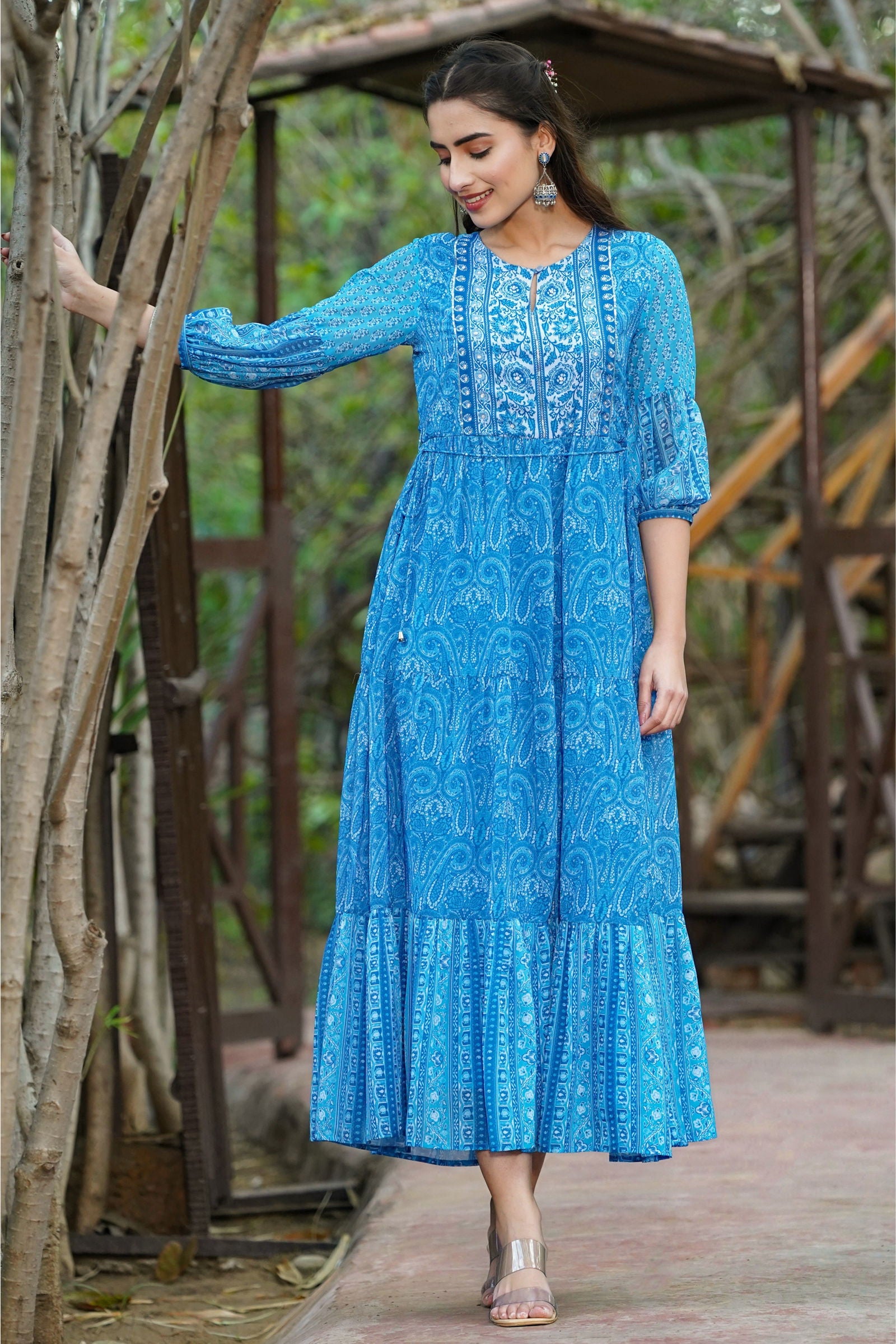 Juniper Blue Paisley Printed Georgette Tiered Maxi Dress. 