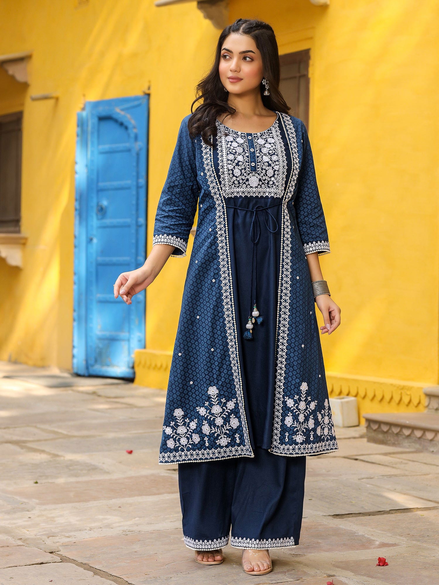 Juniper Blue Pure Cotton Thread Embroidered A-Line Layered Kurta Palazzo Set With Tie-Up At Front (2-Pcs) 