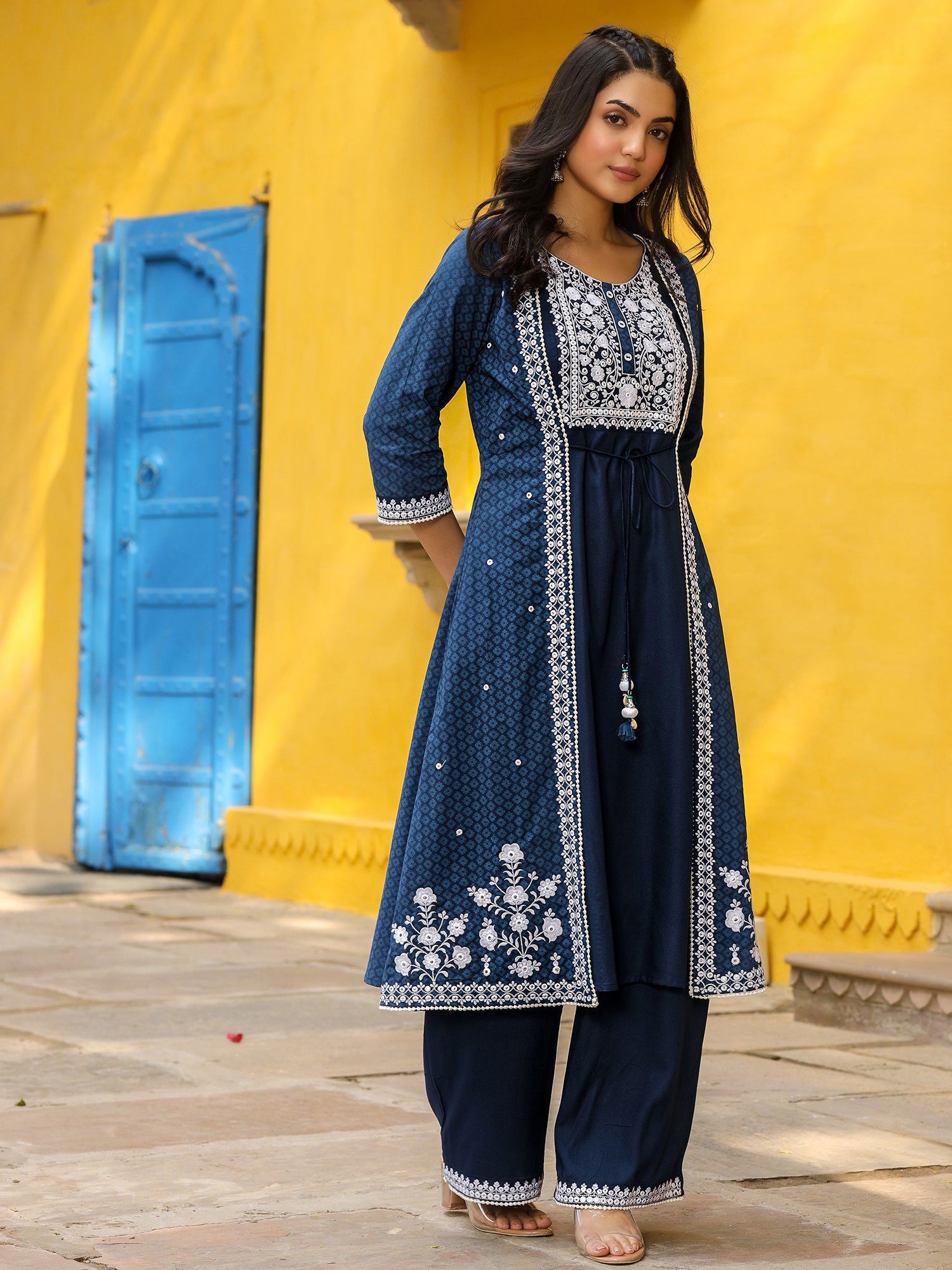 Juniper Blue Pure Cotton Thread Embroidered A-Line Layered Kurta Palazzo Set With Tie-Up At Front (2-Pcs) 
