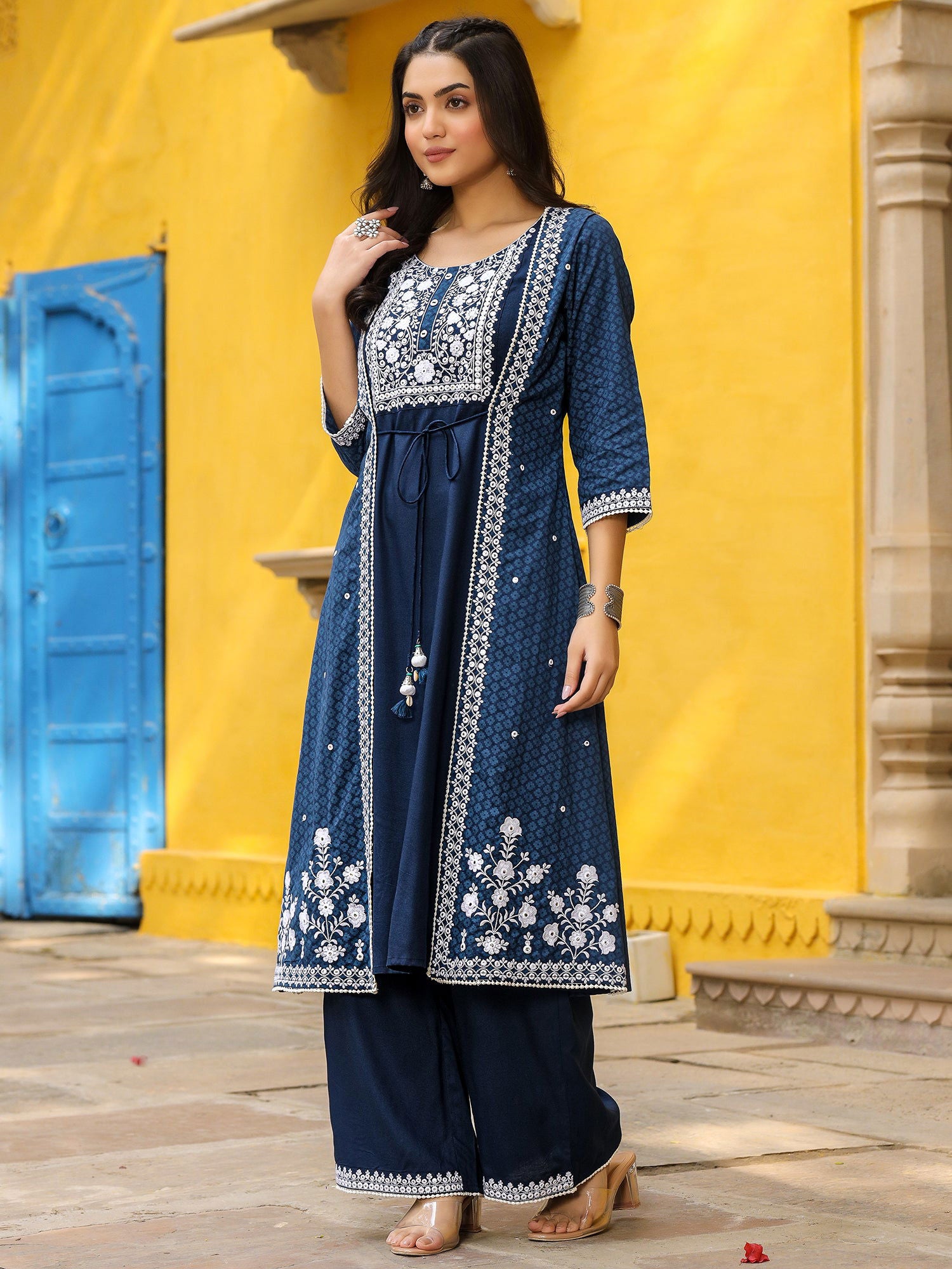 Juniper Blue Pure Cotton Thread Embroidered A-Line Layered Kurta Palazzo Set With Tie-Up At Front (2-Pcs) 