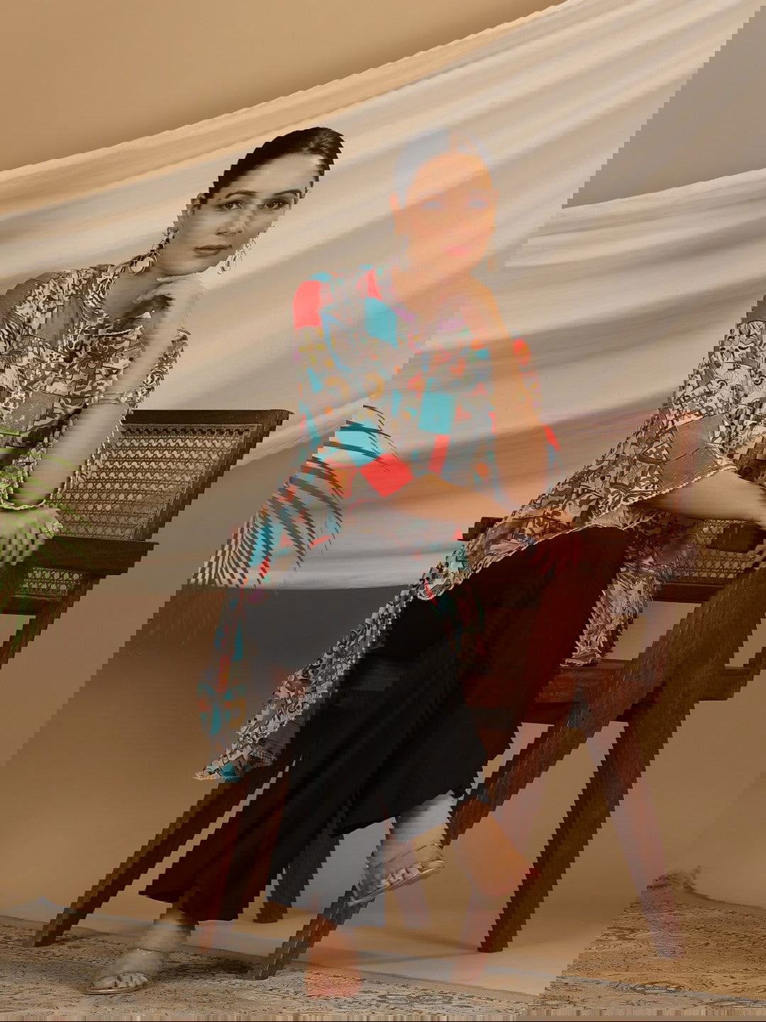 Juniper Blue Rayon Ethnic Motif Printed High-Lacy Mandarin Collar Women Tunic 